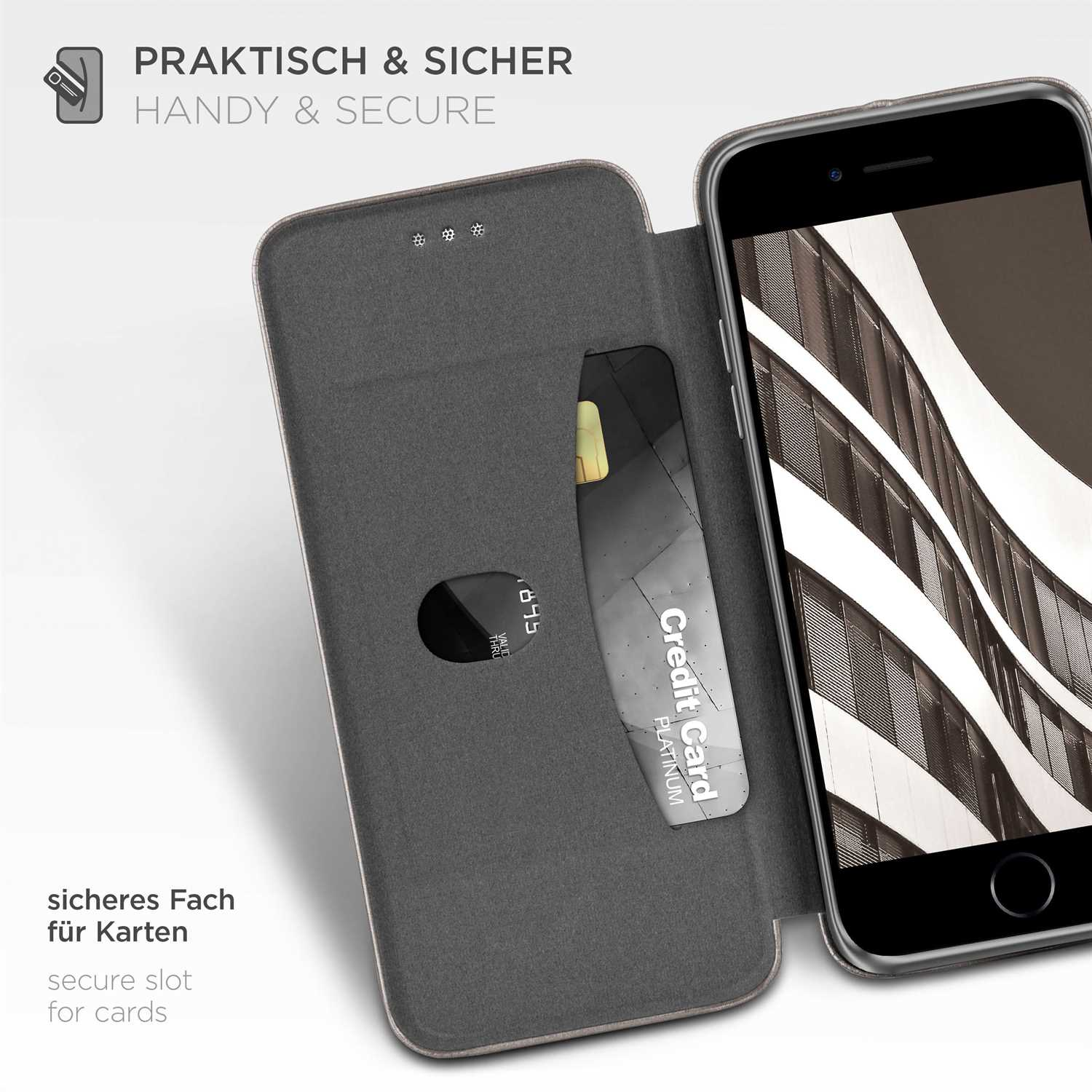 Handyhülle mit Kartenfach. Kreditkarte sichtbar. Text: Sicheres Fach für Karten. Telefon ist im Gehäuse.