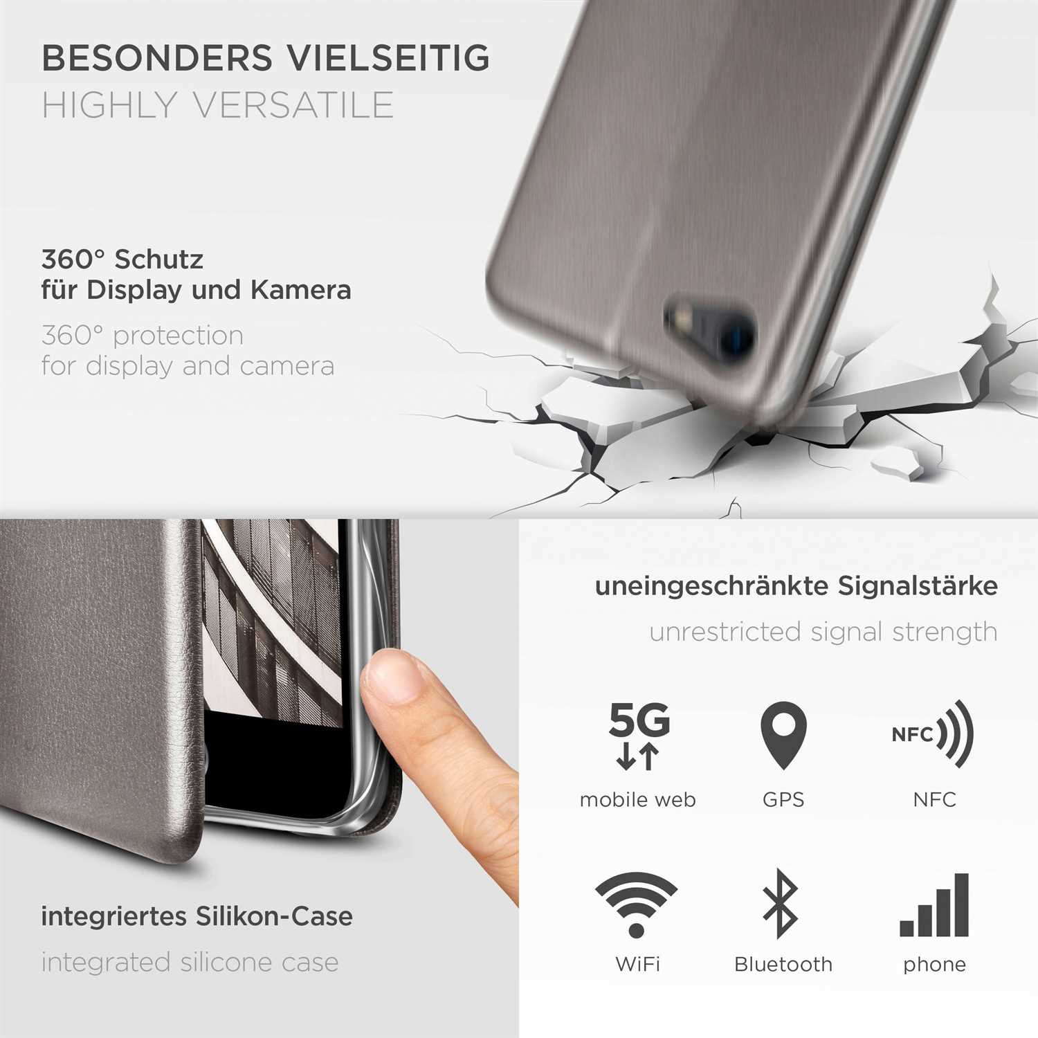 Nahaufnahme einer Handyhülle mit Infografiken. Zeigt Schutz für Display und Kamera sowie Signal-Icons.