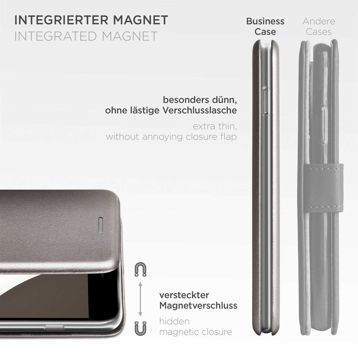 Silberne Handyhülle mit Magnetverschluss, extra dünn und ohne Verschlusslasche.