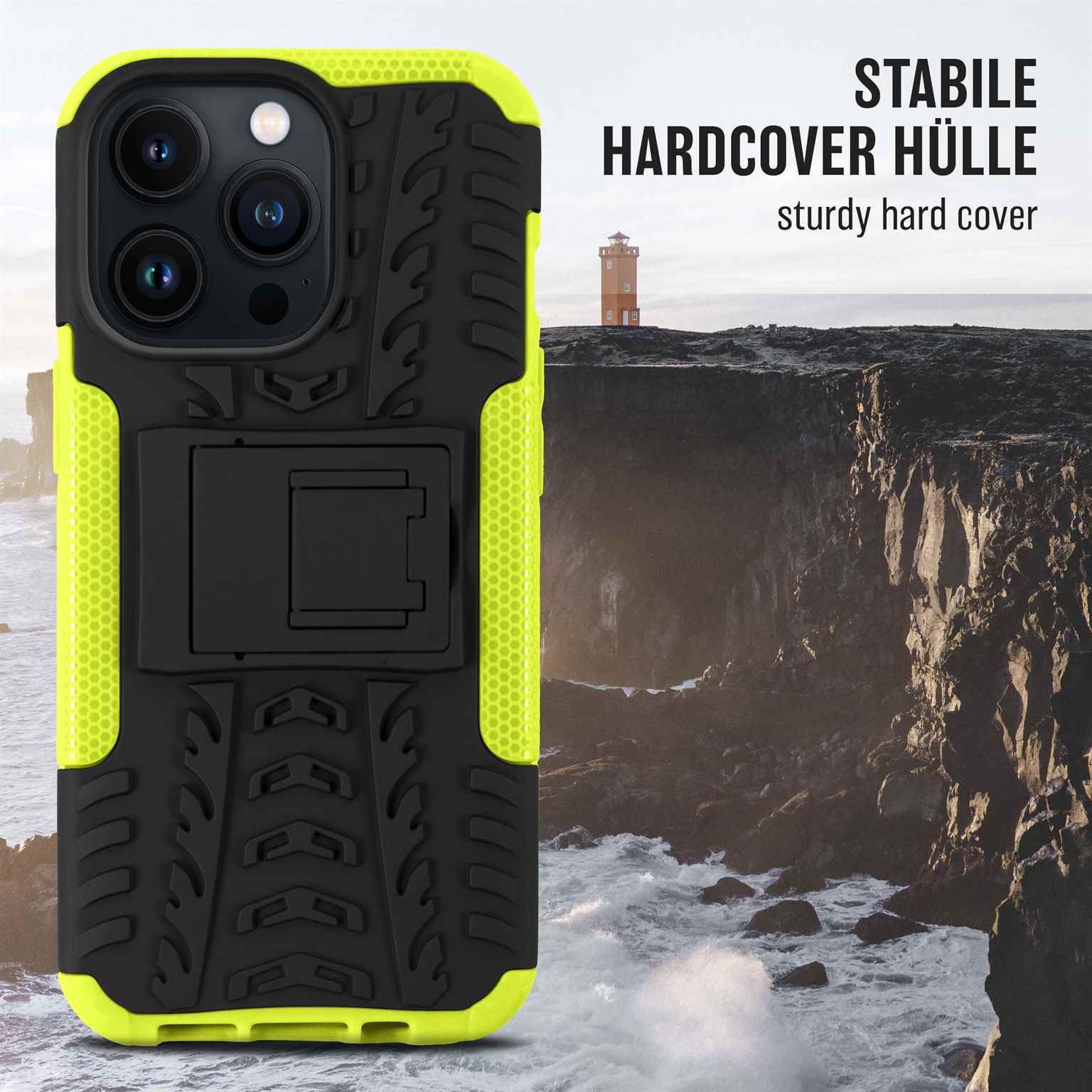 Schwarze und gelbe Handyhülle mit Ständer. Es befindet sich auf einer felsigen Klippe, im Hintergrund ein Leuchtturm und das Meer.