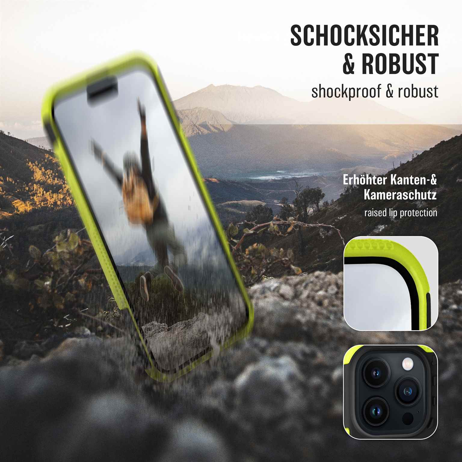 Telefon in neongelber Hülle mit Berglandschaft. Text sagt 'Stoßfest & Robust'.