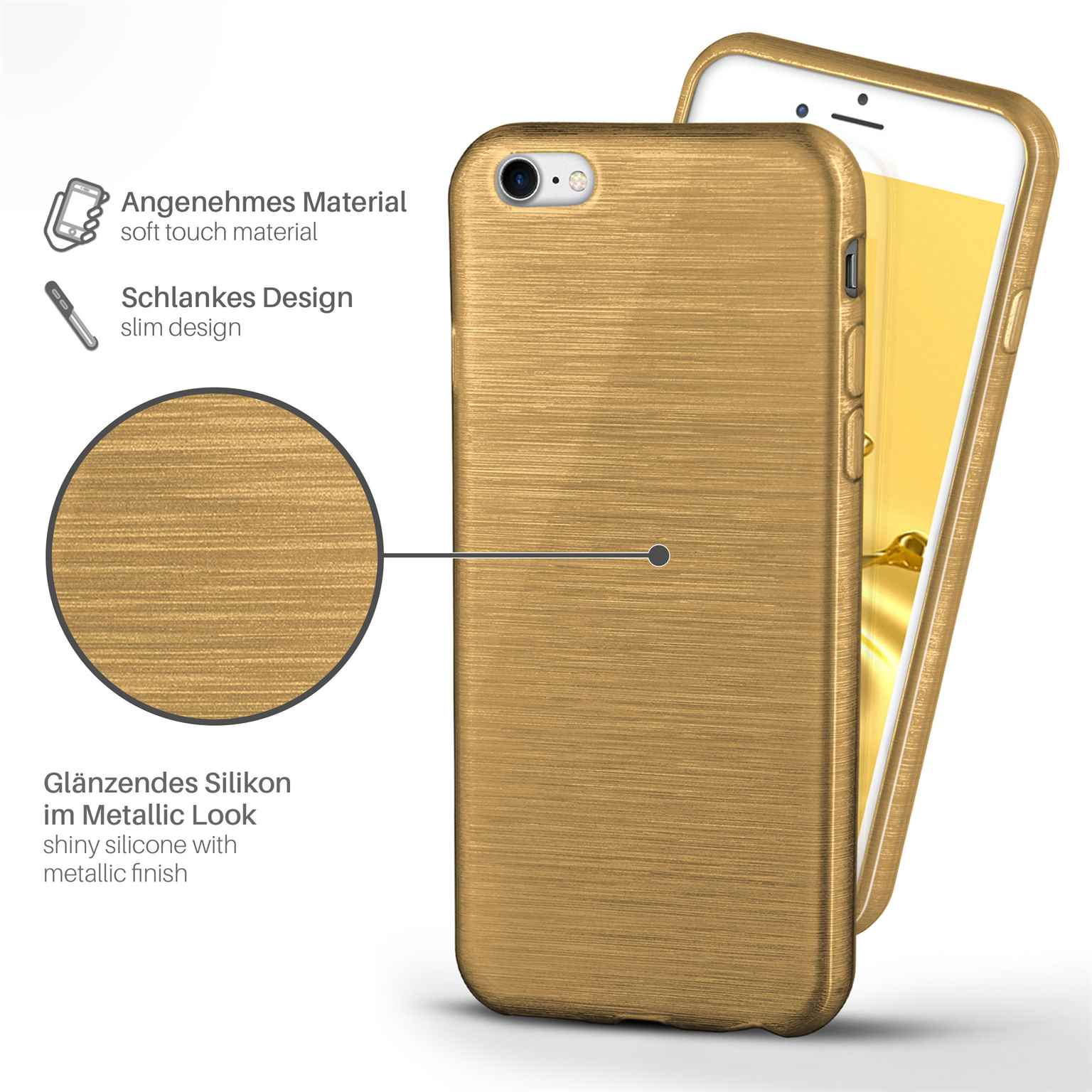 Goldene Handyhülle mit Telefon. Text beschreibt Material und Design.