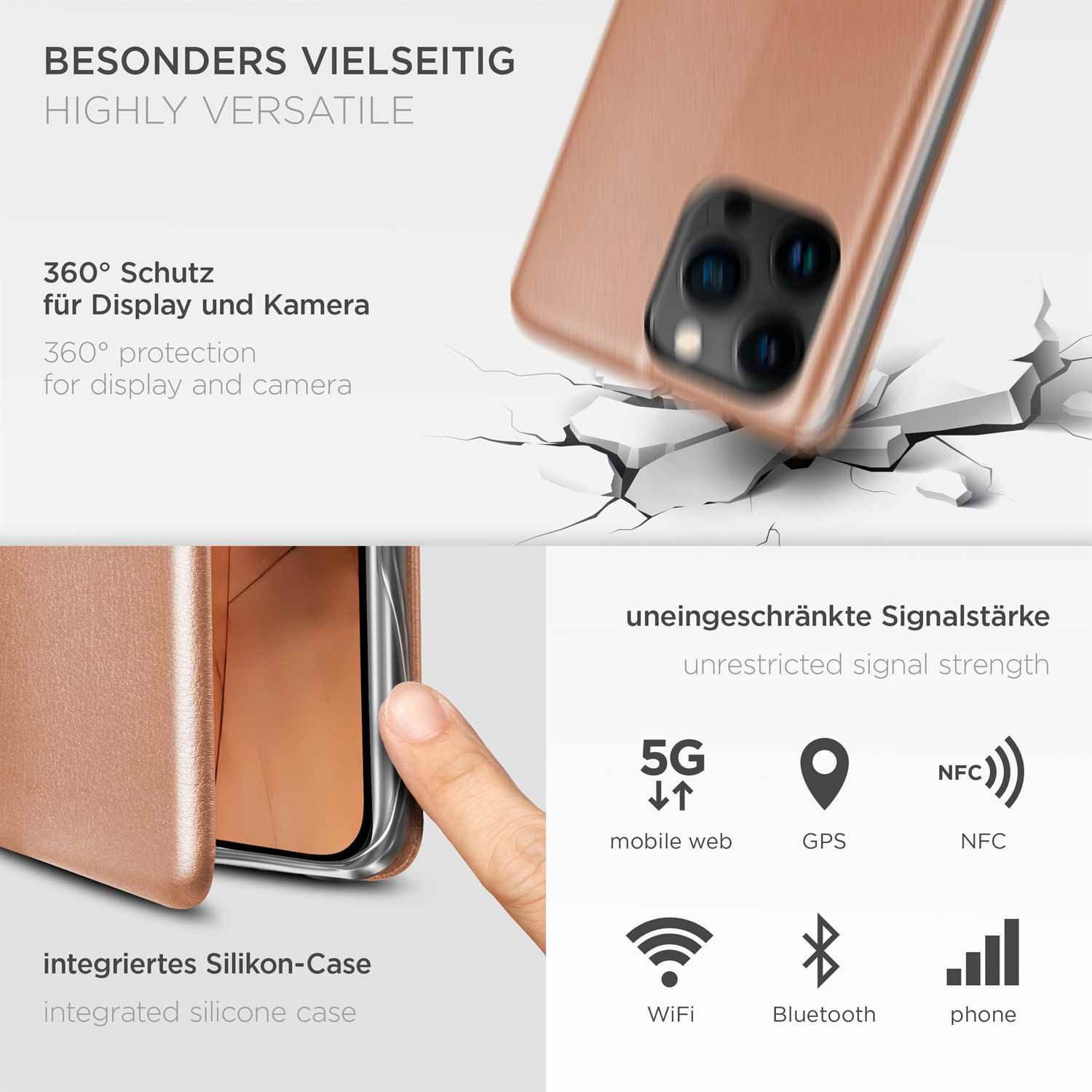 Roségoldene Handyhülle mit Text und Symbolen zu Funktionen. Enthält 5G, GPS, NFC, WiFi, Bluetooth.