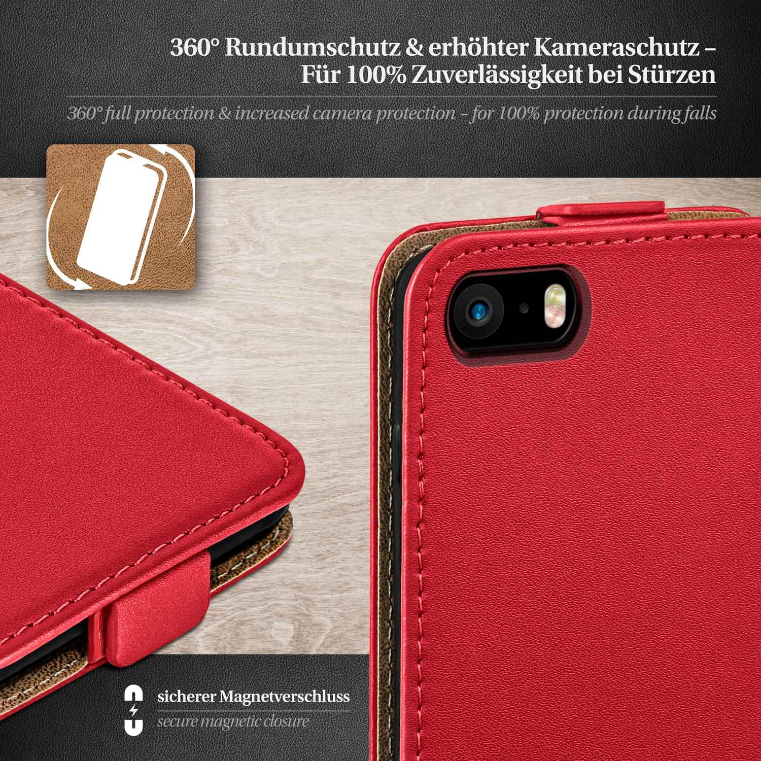 Rote Handyhülle mit Magnetverschluss. Die Hülle ist geöffnet und zeigt das Telefon und ein kleines Logo.