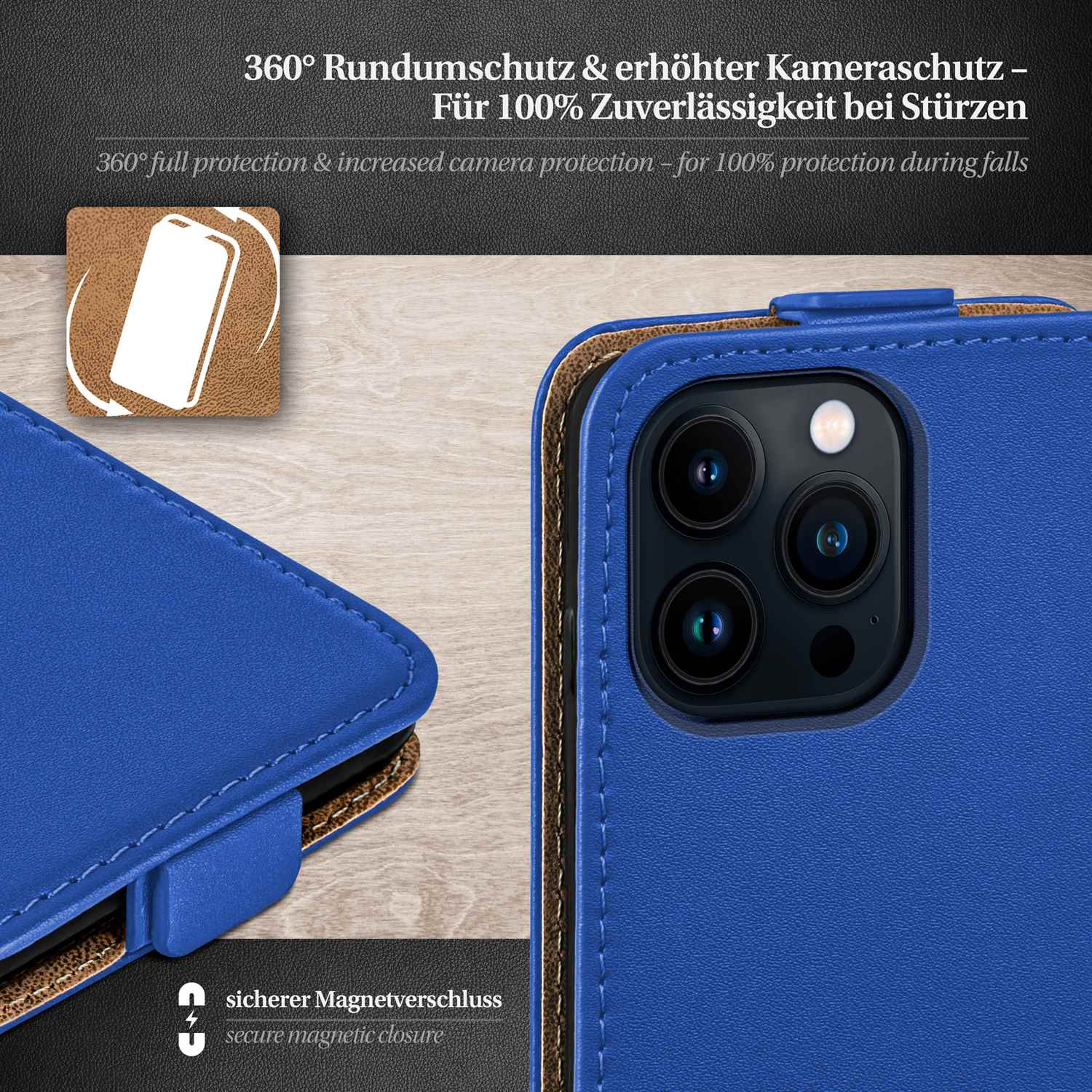 Blaue Smartphone-Hülle mit sicherem Magnetverschluss, mit Text- und Grafiküberlagerungen.