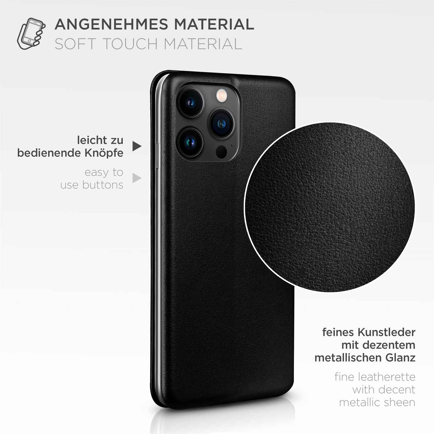 Schwarze Handyhülle mit Knöpfen und Ledertextur.