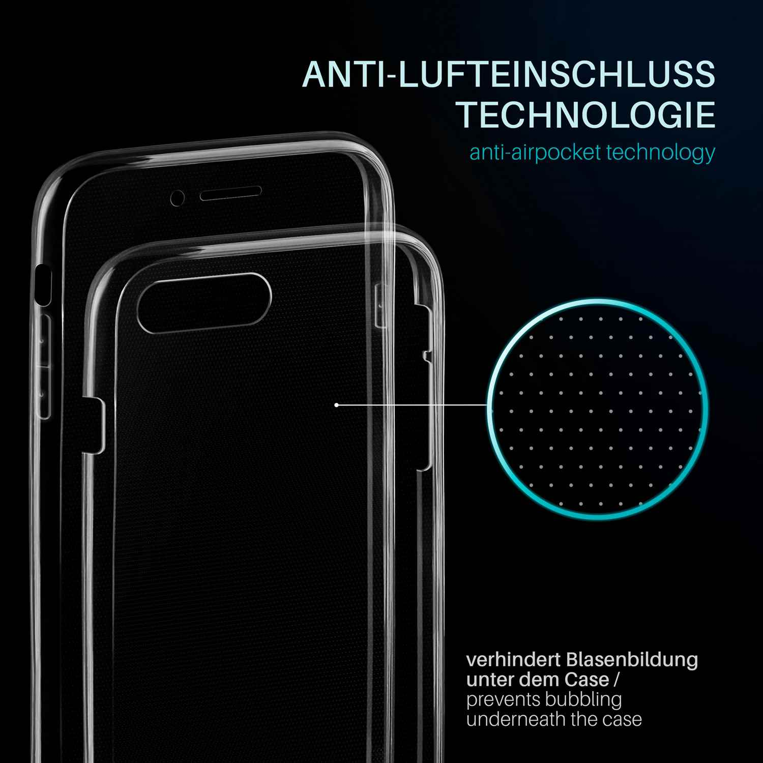 Transparente Handyhülle mit Text: Anti-Lufteinschluss-Technologie. Kreisgrafik mit kleinen Punkten. Schwarzer Hintergrund.