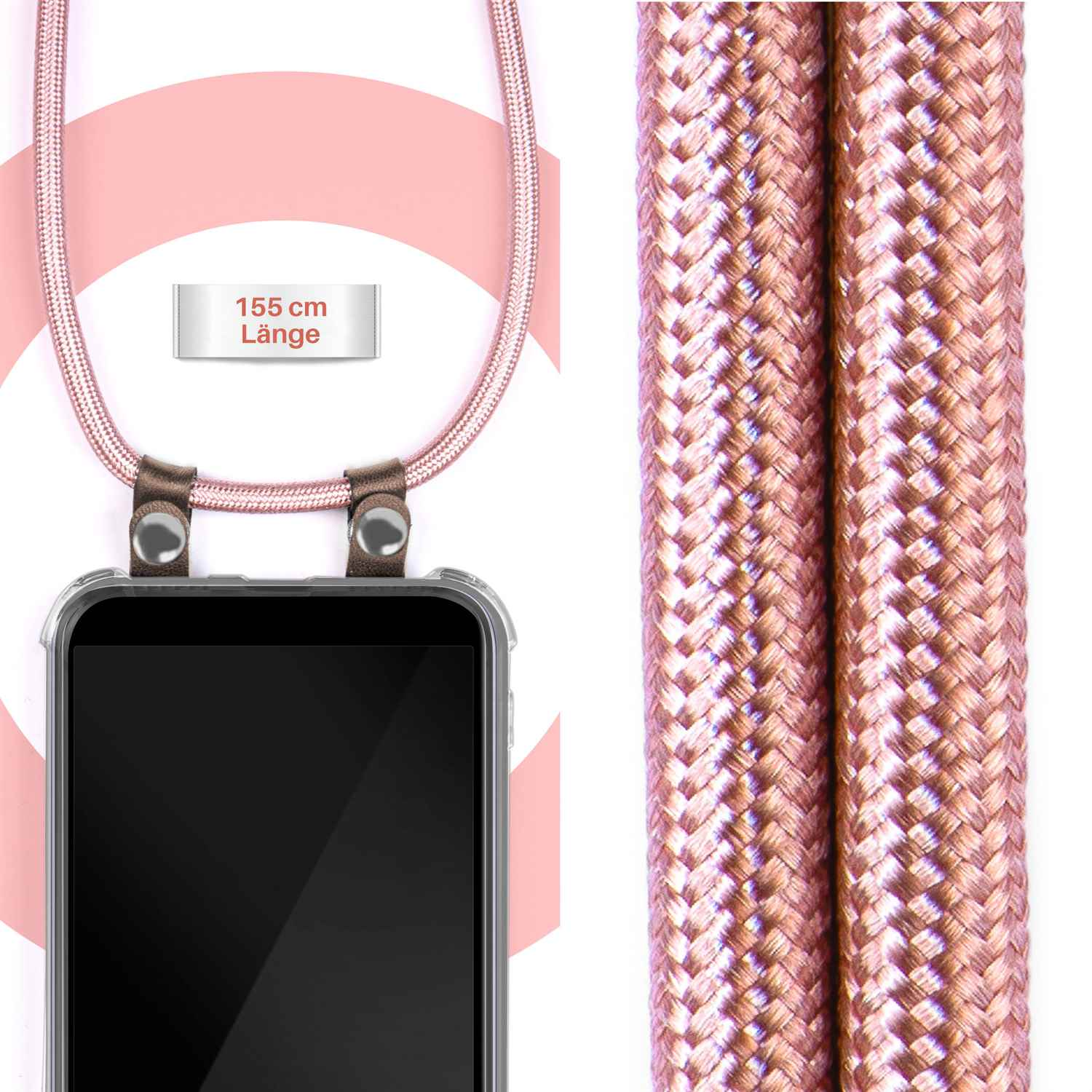 Rosa Handy-Lanyard. Text: 155 cm Länge. Nahaufnahme geflochtenes Seildetail.