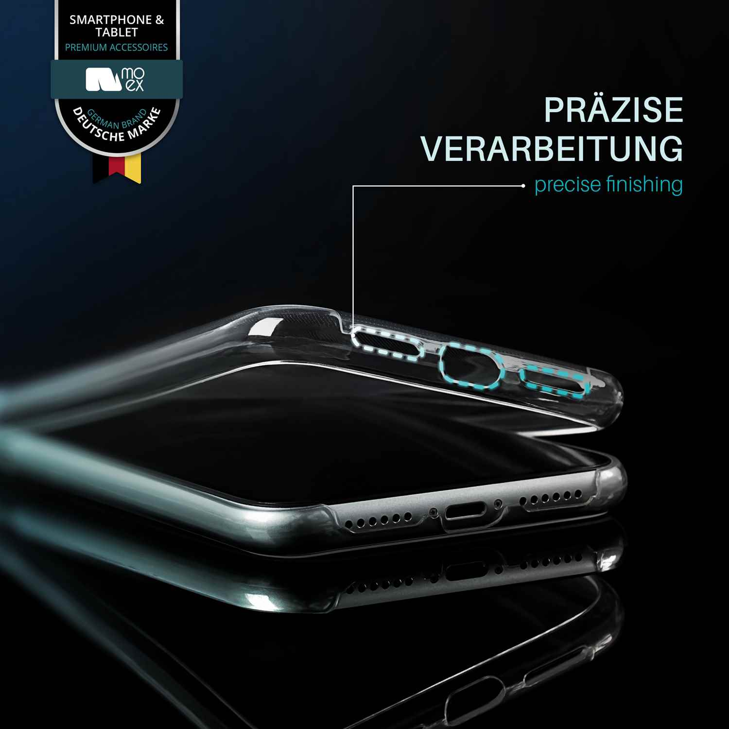 Zwei transparente Handyhüllen gestapelt. Text: präzise Verarbeitung. Logo: Smartphone & Tablet Premium Accessoires.