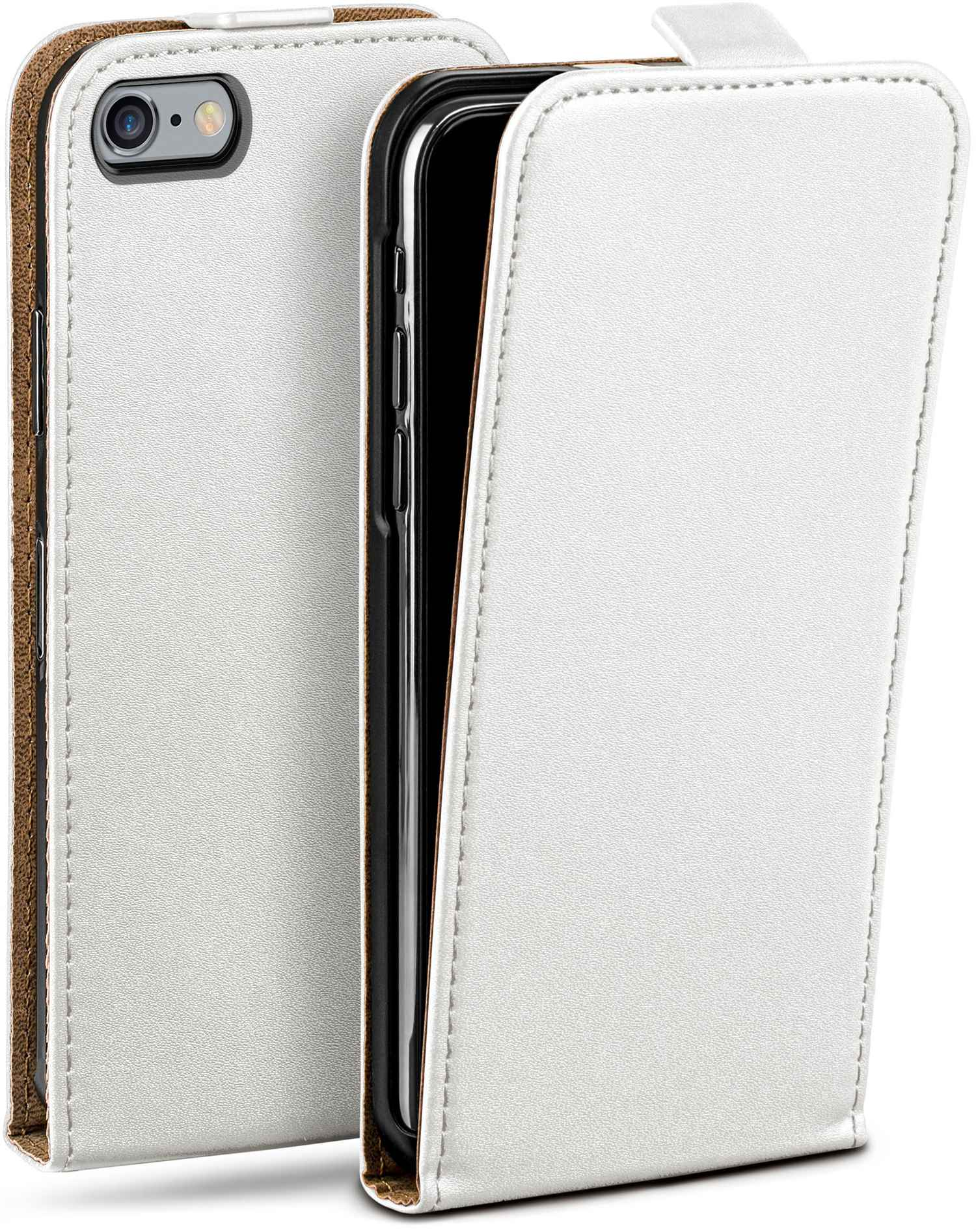 Eine geschlossene weiße Handytasche mit sichtbarer Kamera. Das Gehäuse ist aus Leder.