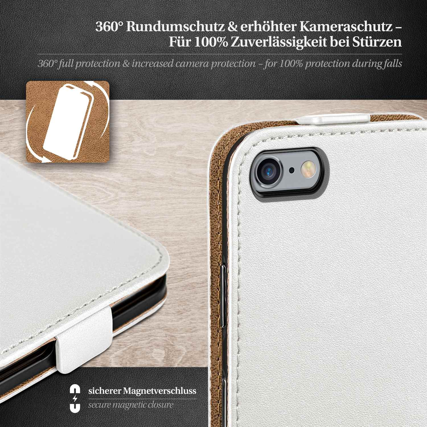 Weißes Handycase mit schwarzer Kamera, und braunes Lederetui.
