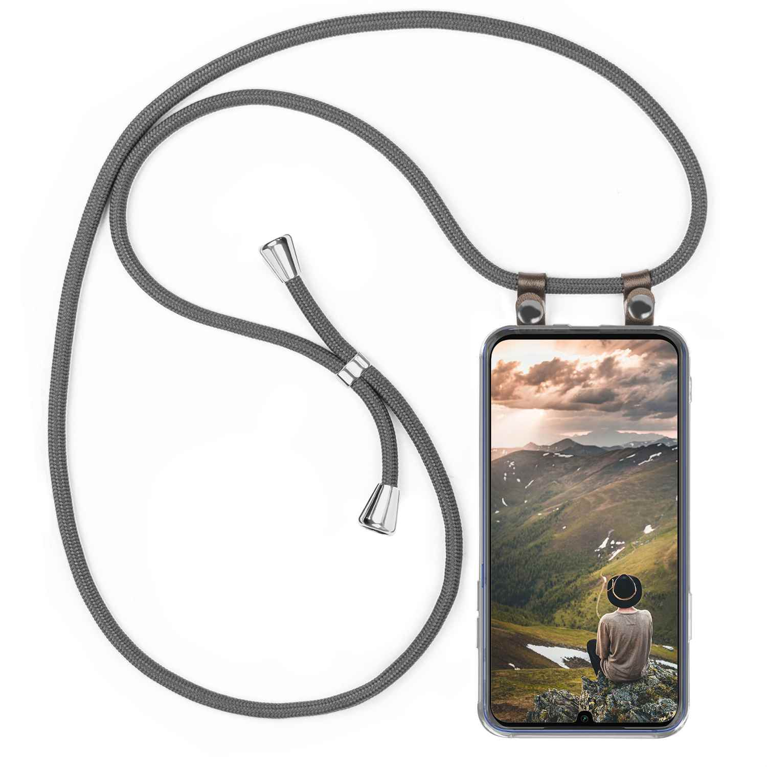 Grauer Handyriemen mit Telefon, das eine Landschaft zeigt.