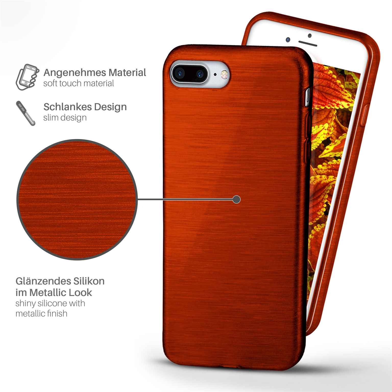 Eine Handyhülle mit orangefarbenem Metallic-Finish. Das Telefon befindet sich auf weißem Hintergrund.