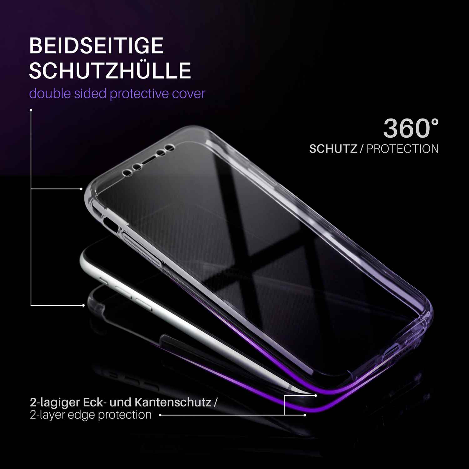 Eine transparente Handyhülle mit schwarzem Telefon, auf schwarzem Untergrund, mit Text.