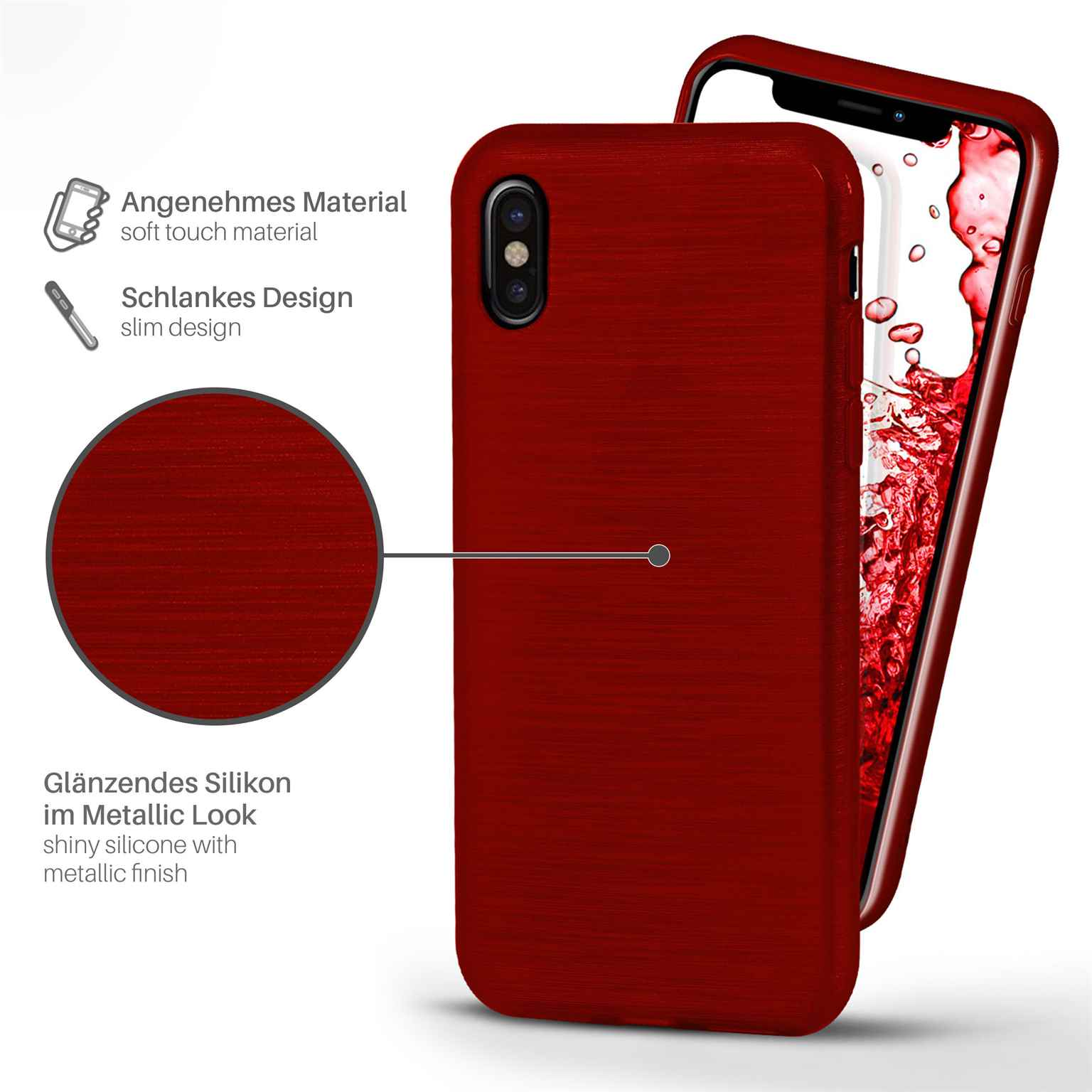 Eine rote Handyhülle mit Metallic-Look. Eine Nahaufnahme zeigt die Textur. Der Text lautet 'glänzendes Silikon'.