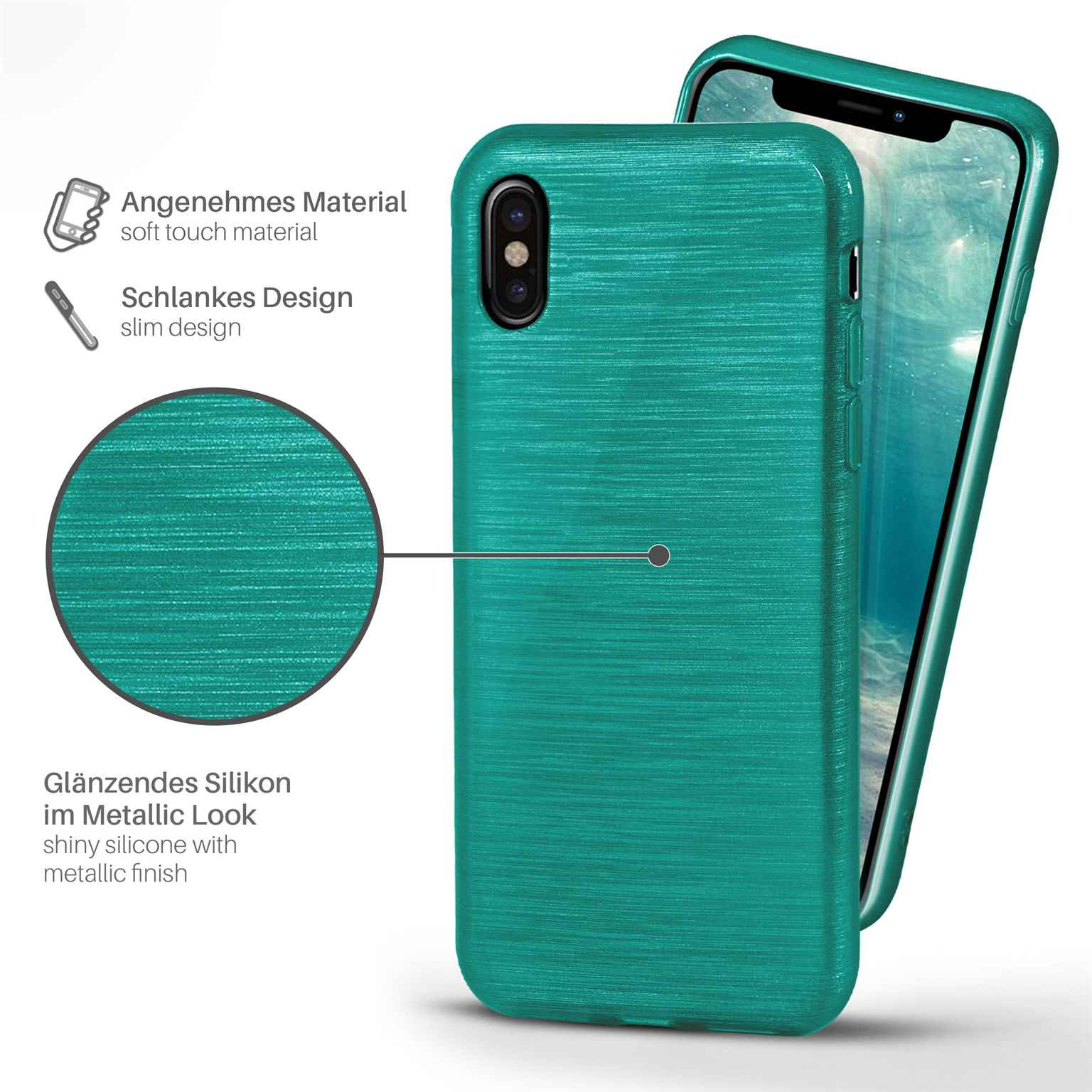 Eine Handyhülle mit grünem Metallic-Finish. Das Telefon befindet sich auf weißem Hintergrund.