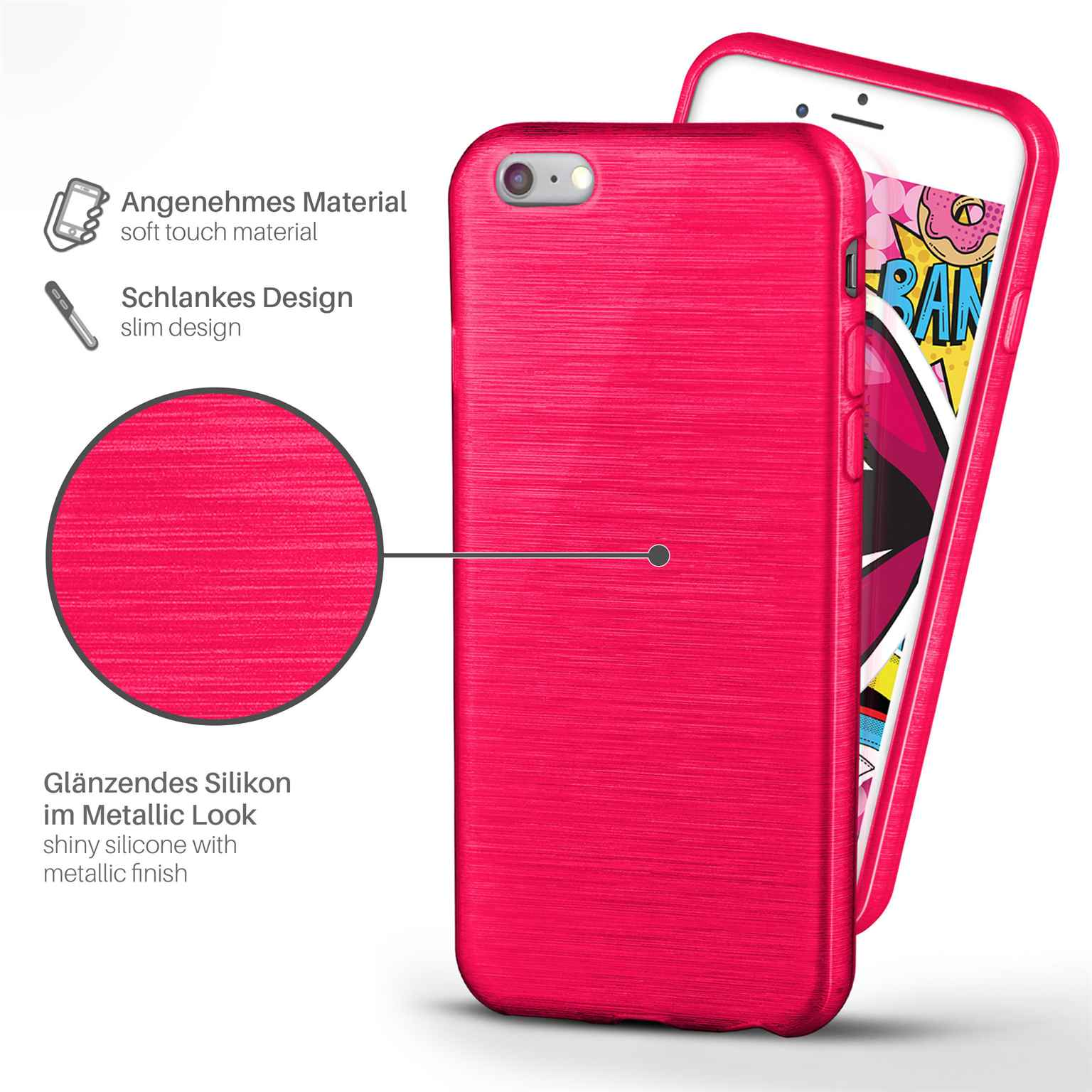 Pinke Handyhülle mit Metallic-Look. Ein Telefon ist eingesetzt. Die Hülle hat ein Soft-Touch-Material.