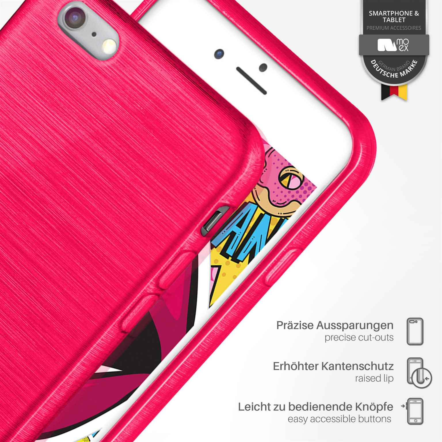 Nahaufnahme einer rosa Handyhülle mit Telefon, zeigt Ausschnitte und Tasten.