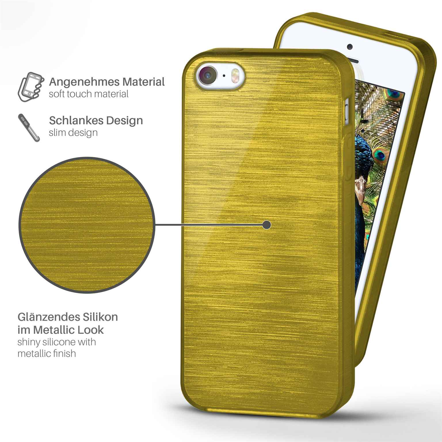 Goldene Handyhülle auf einem weißen Telefon. Text weist auf weiches Material und schlankes Design hin.