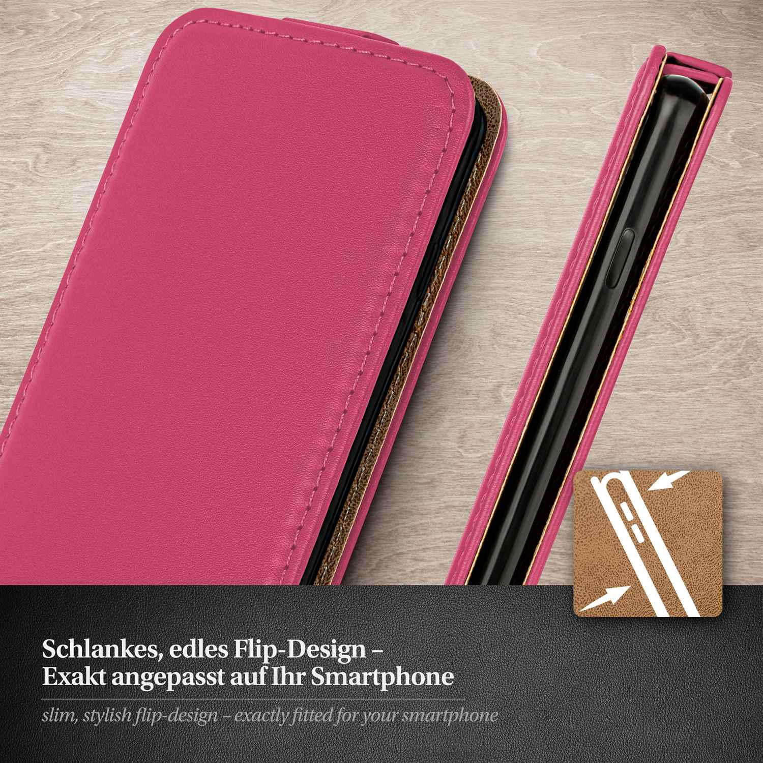 Pinke Handyhülle, Flip-Design, offen, um das Telefon zu zeigen. Zeigt schlankes, stilvolles Design.