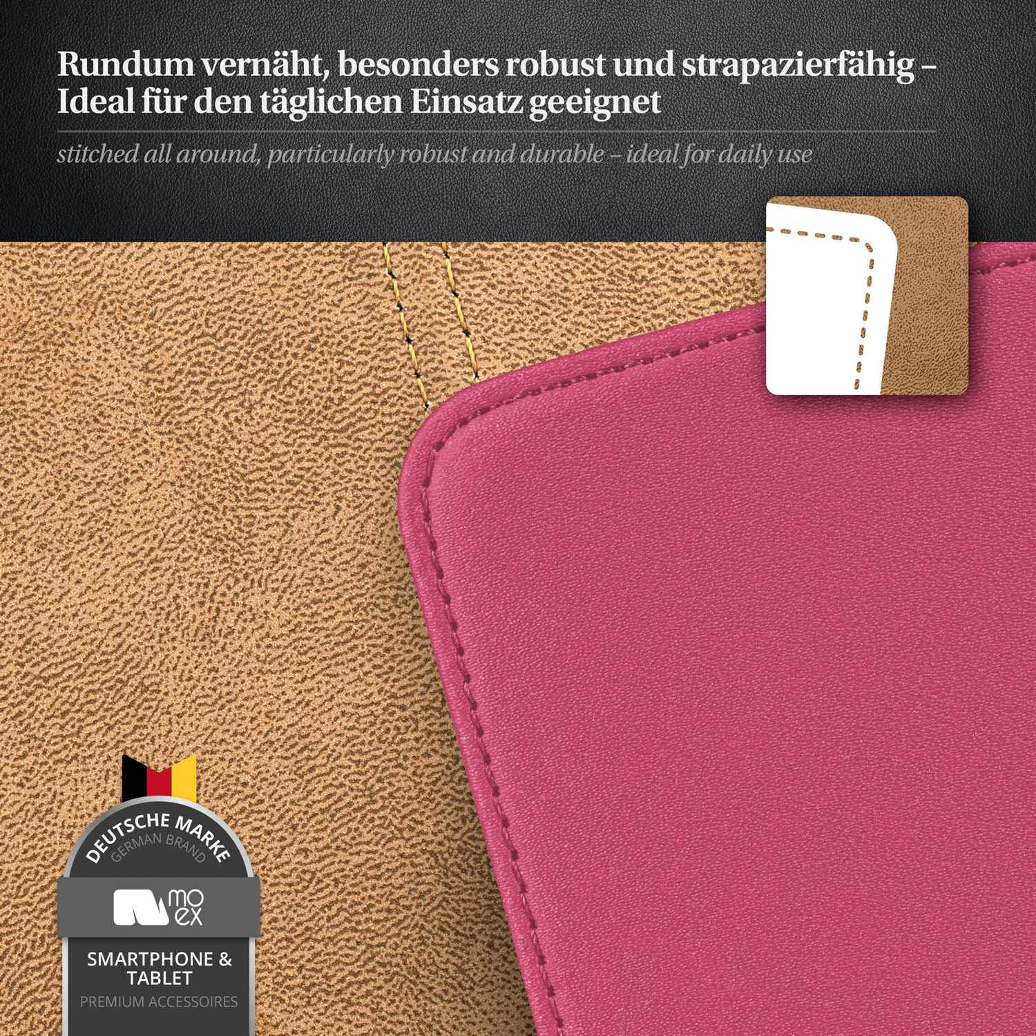 Rosa und beige Handyhülle. Um die Kanten genäht. Das Bild hat ein deutsches Markenlogo in der Ecke.