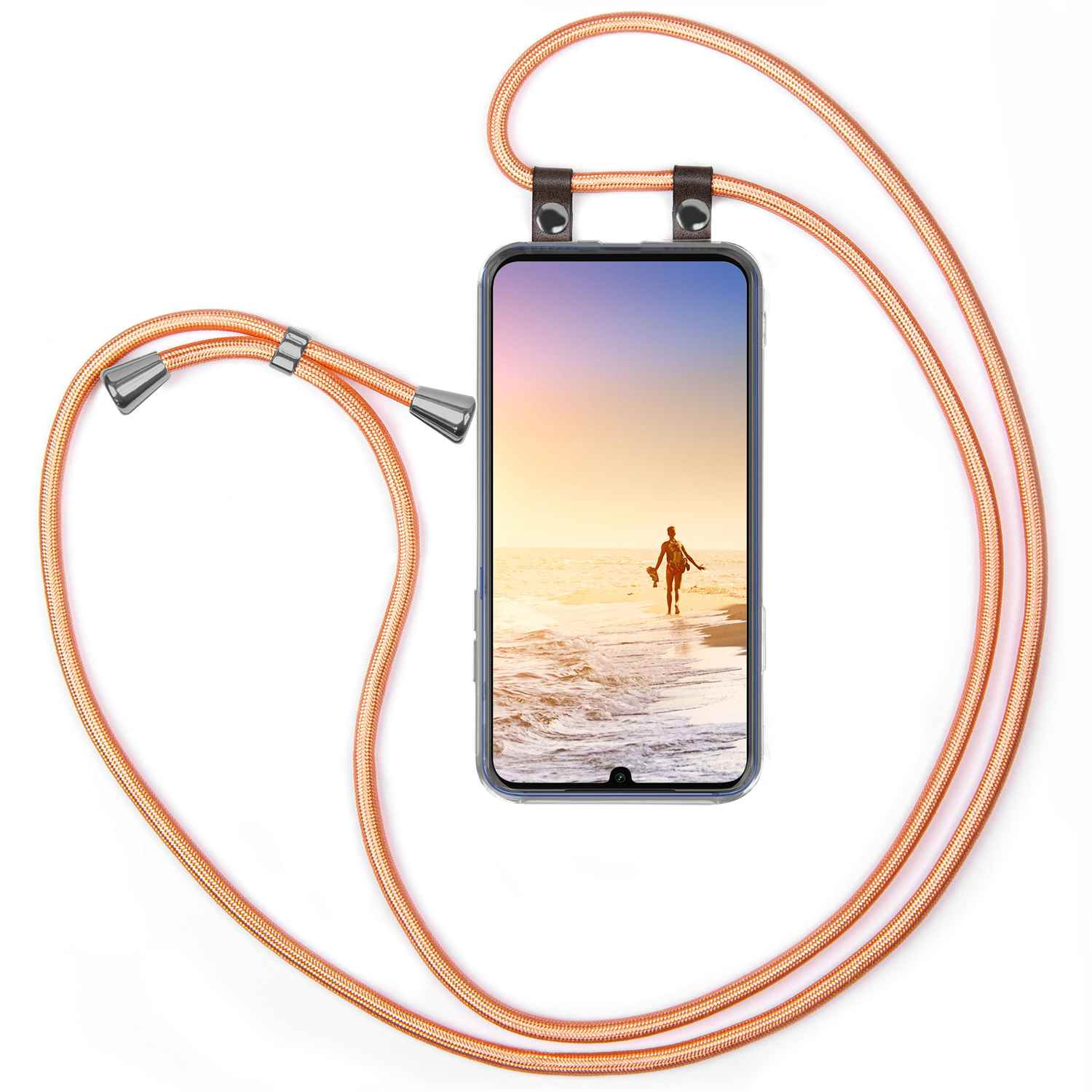 Telefon mit Strandszene an einem Lanyard. Oranges Lanyard mit Metallenden.