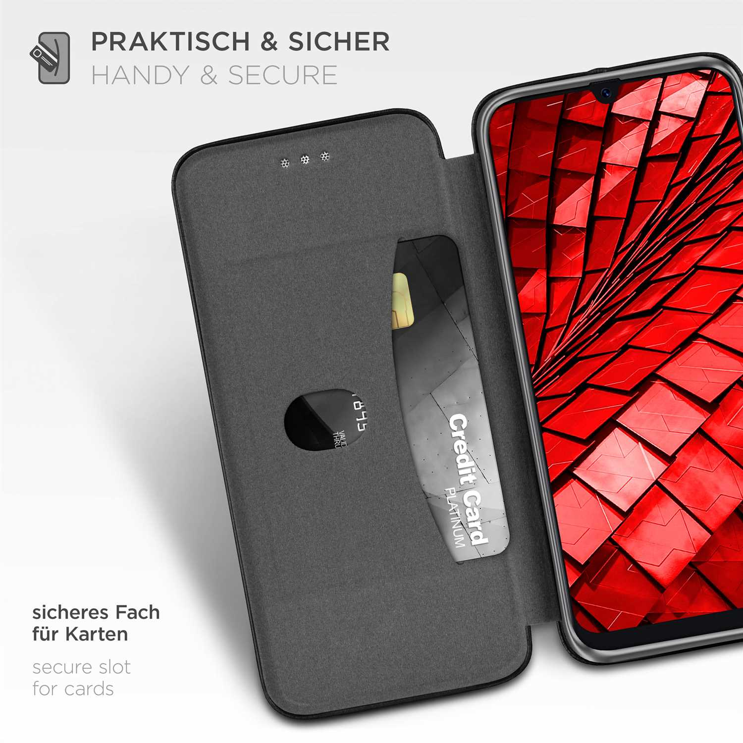 Eine Handyhülle mit Kreditkartenfach. Der Telefonbildschirm zeigt ein rotes abstraktes Design.