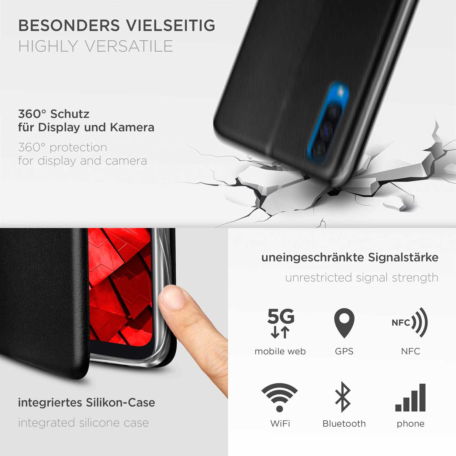 Handyhülle mit Text, der 360° Schutz für Display und Kamera angibt.
