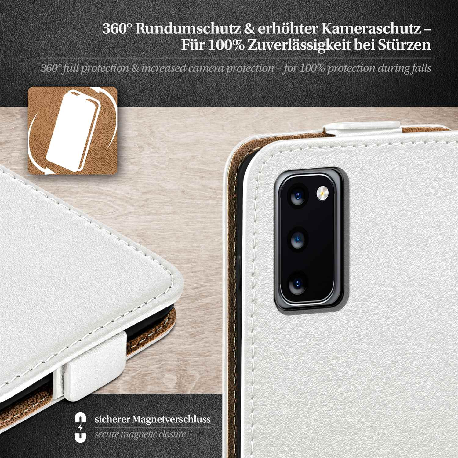 Weiße Handyhülle mit Telefon darin. Text: 360° Rundumschutz & erhöhter Kameraschutz.