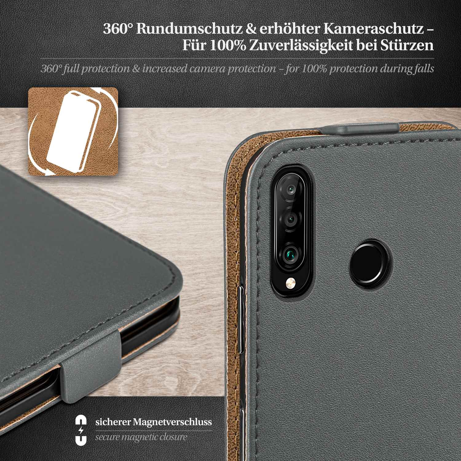 Geschlossene Handyhülle, Schutz und Magnetverschluss zeigend.