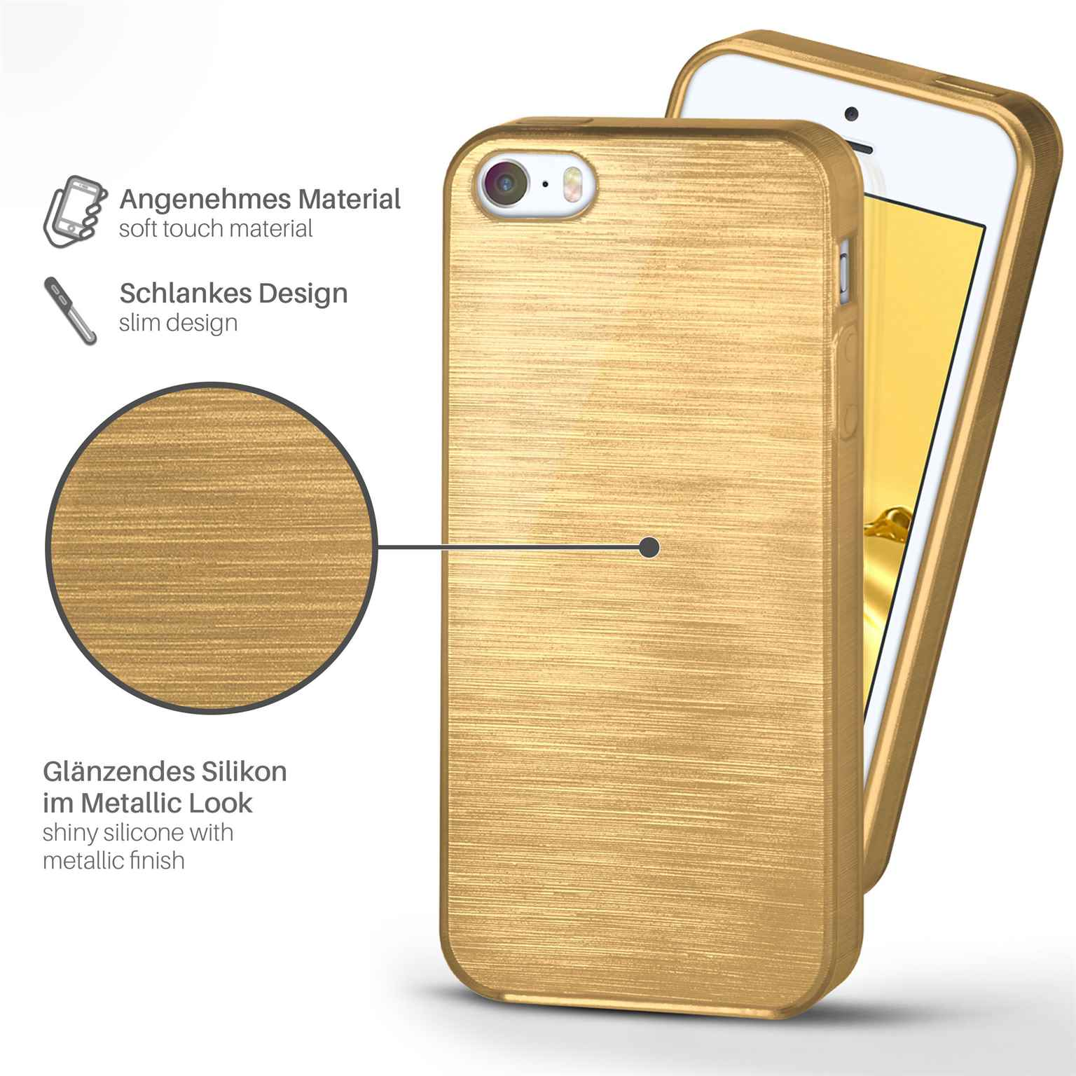 Eine goldene Handyhülle mit glänzendem Metallic-Finish, mit Metallic-Look und schlankem Design.