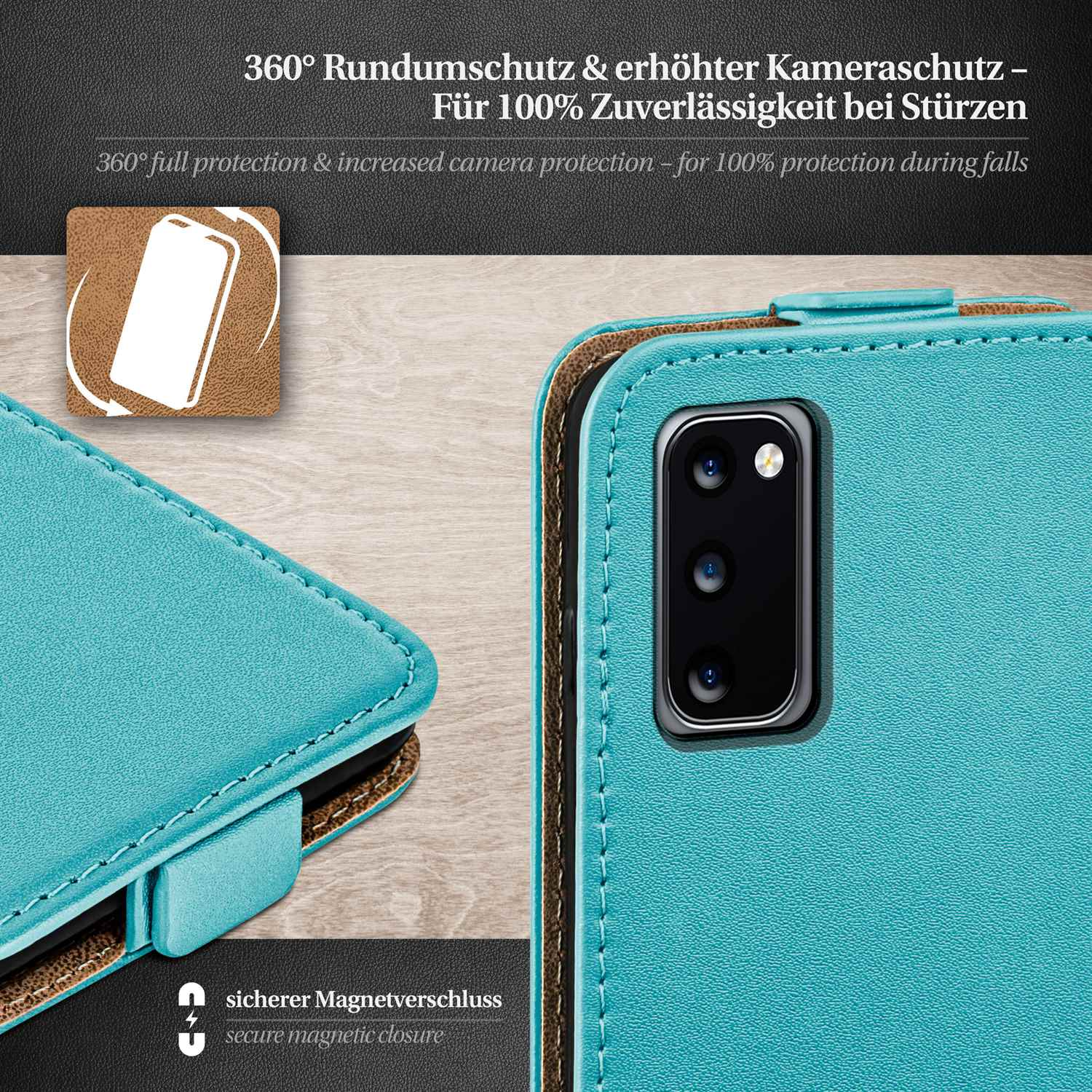 Blaues Handycase mit schwarzer Kamera, und blaues Lederetui.