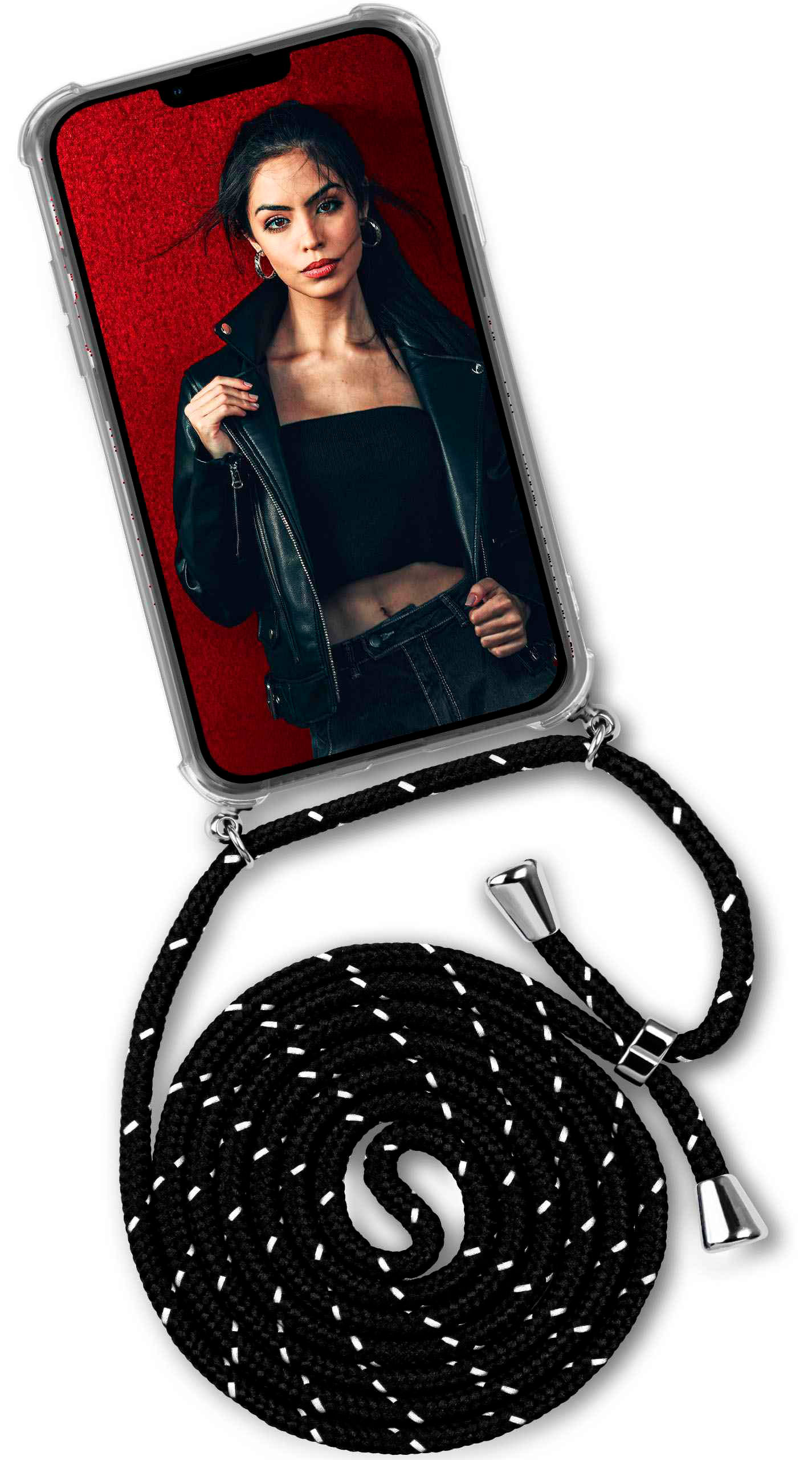 Ein Telefon mit einer Frau in einer schwarzen Lederjacke, gehalten von einem schwarz-weiß gepunkteten Seil.
