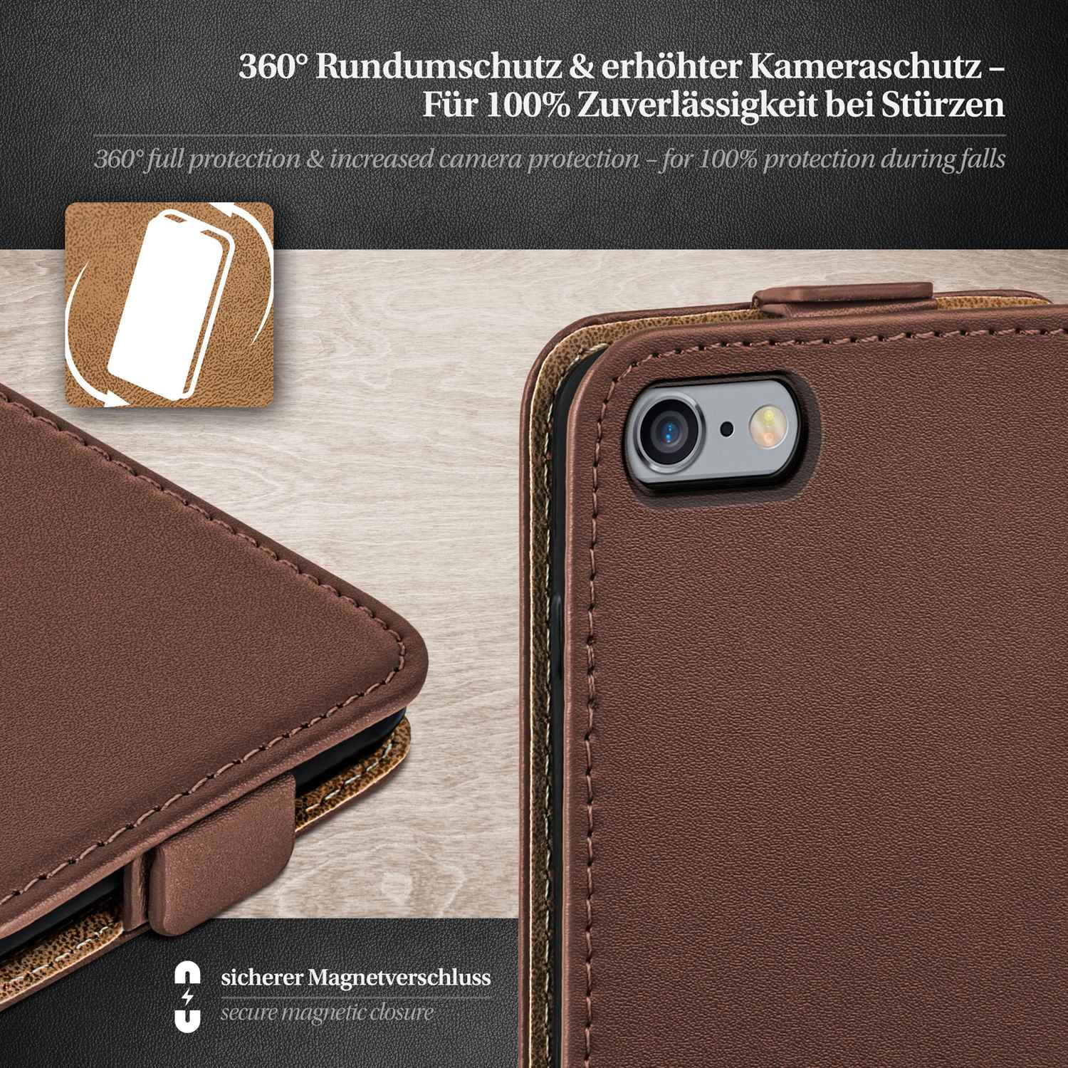 Braune Handyhülle, Innenansicht. Text: 360° Rundumschutz. Sicherer Magnetverschluss.