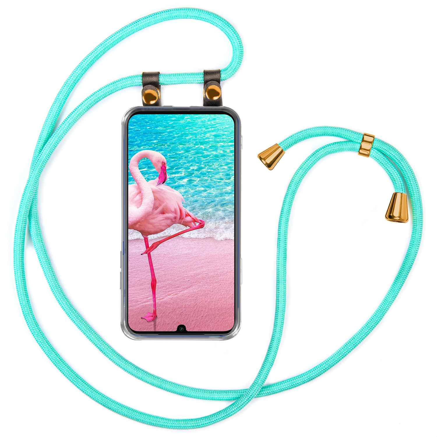 Telefon mit Flamingo. Türkises Umhängeband. Pinker Flamingo.