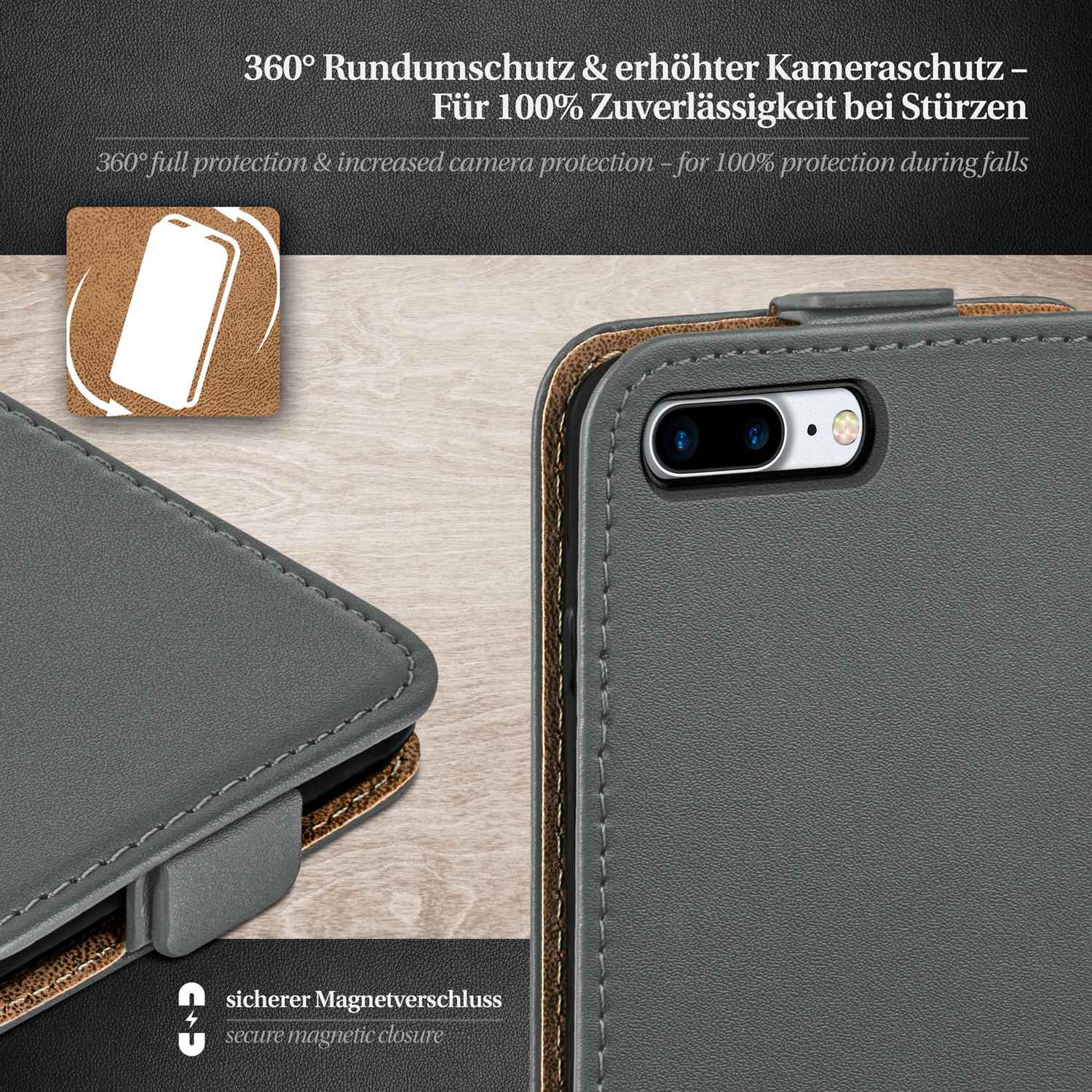 Flip Apple, Plus, iPhone MOEX Cover, Case, 8 Flip Anthracite-Gray