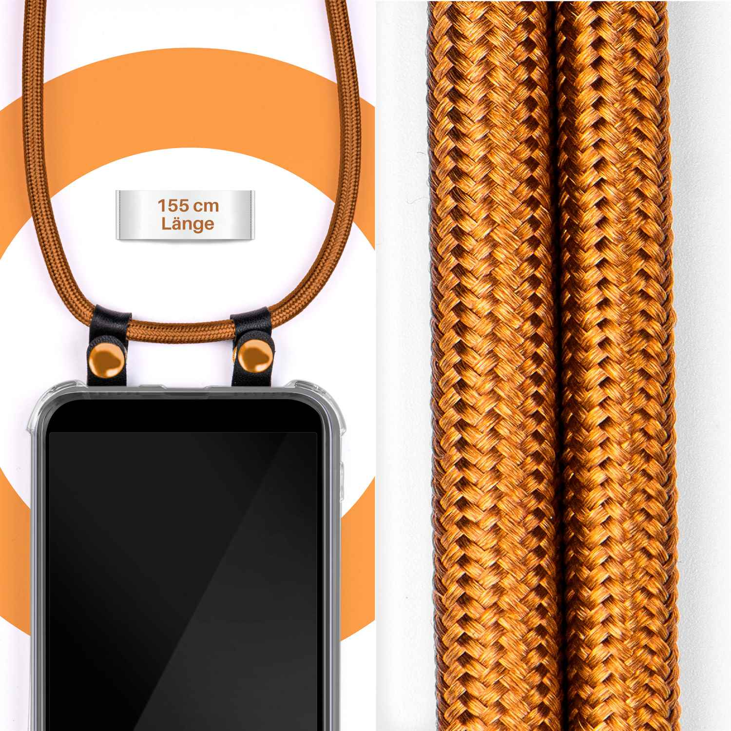 Telefon mit orangefarbenem Riemen, 155cm Text, transparente Hülle.