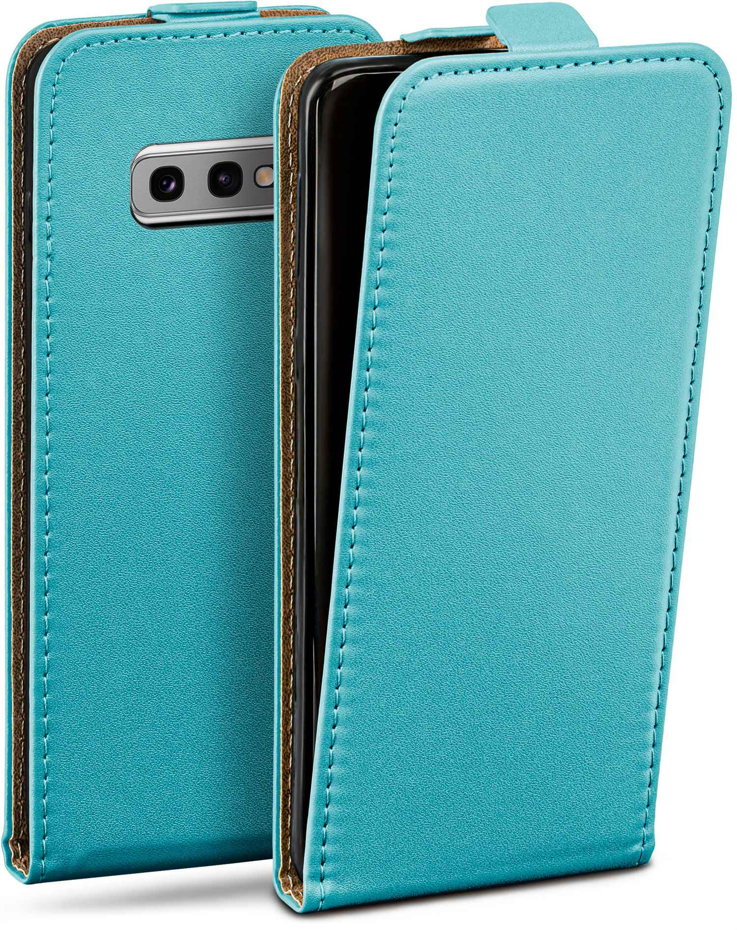 Türkisfarbene Handyhülle, geöffnet, um ein Telefon zu zeigen. Braune Verkleidung.