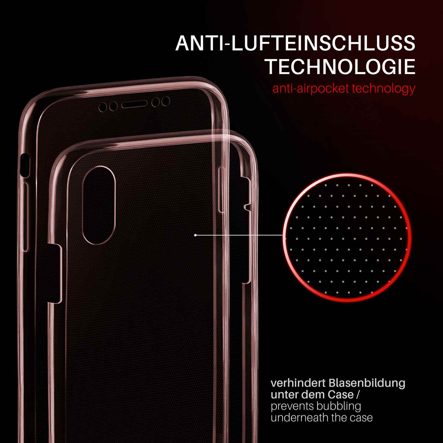 Eine klare Handyhülle mit einem Telefon darin. Text sagt Anti-Lufteinschluss Technologie und verhindert Blasenbildung.
