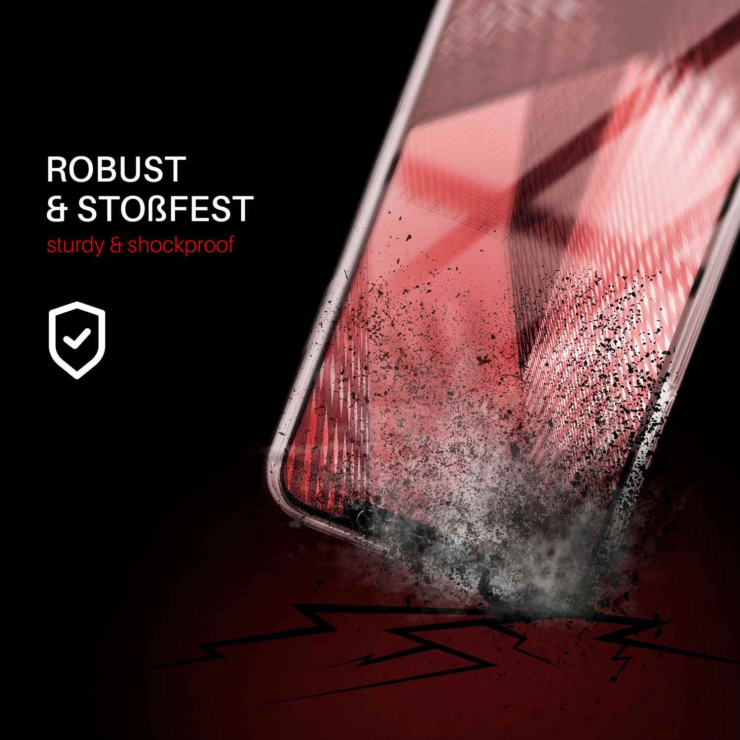 Eine Handyhülle auf schwarzem Hintergrund mit Text: robust & stoßfest. Ein Schild mit einem Häkchen.
