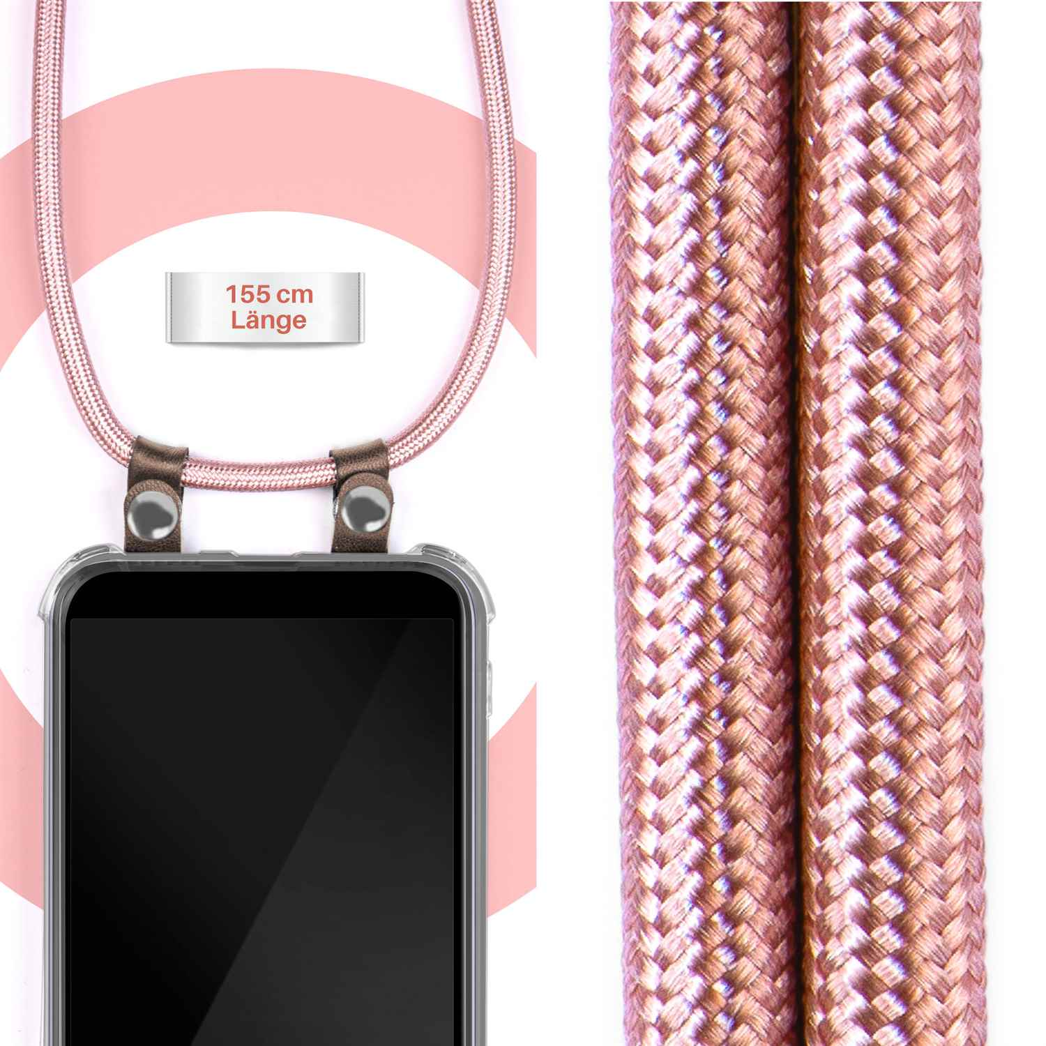 Telefon mit rosafarbenem Lanyard. Nahaufnahme des Lanyards. Rosa und goldene Farben.