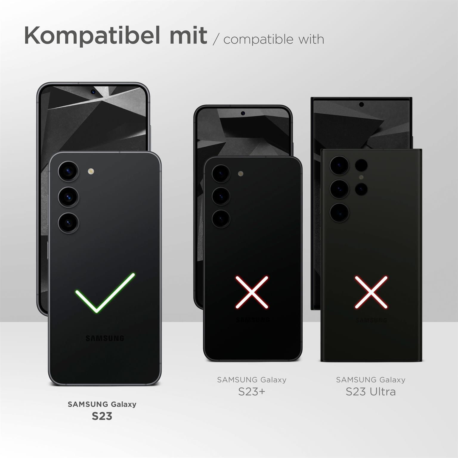 Vergleich der Samsung Galaxy S23 Kompatibilität, S23+ und S23 Ultra als inkompatibel markiert.