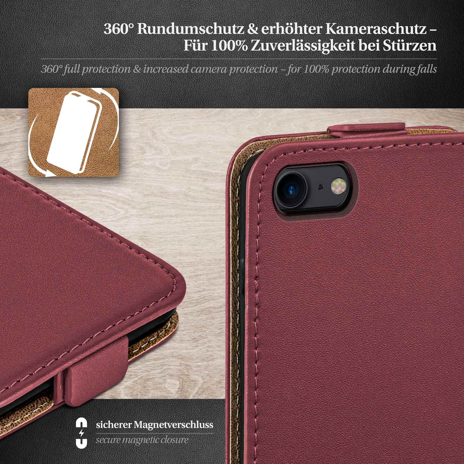 Maroon-Red iPhone Case, Flip Apple, 8, Flip MOEX Cover,