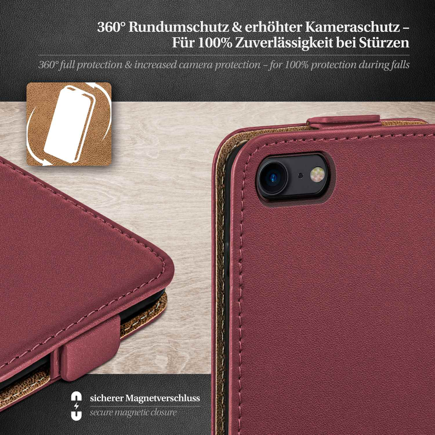 Bordeauxfarbene Handyhülle, geöffnet, um ein Telefon zu zeigen. Kleine Grafik oben sichtbar.