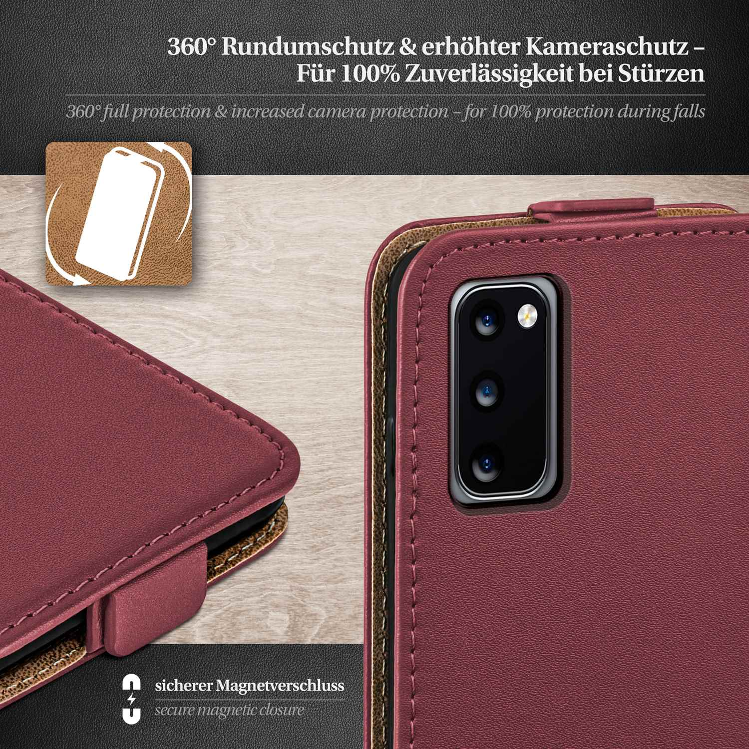 Geöffnete Handyhülle mit Telefon. Text über Schutz. Weinrote lederartige Hülle.