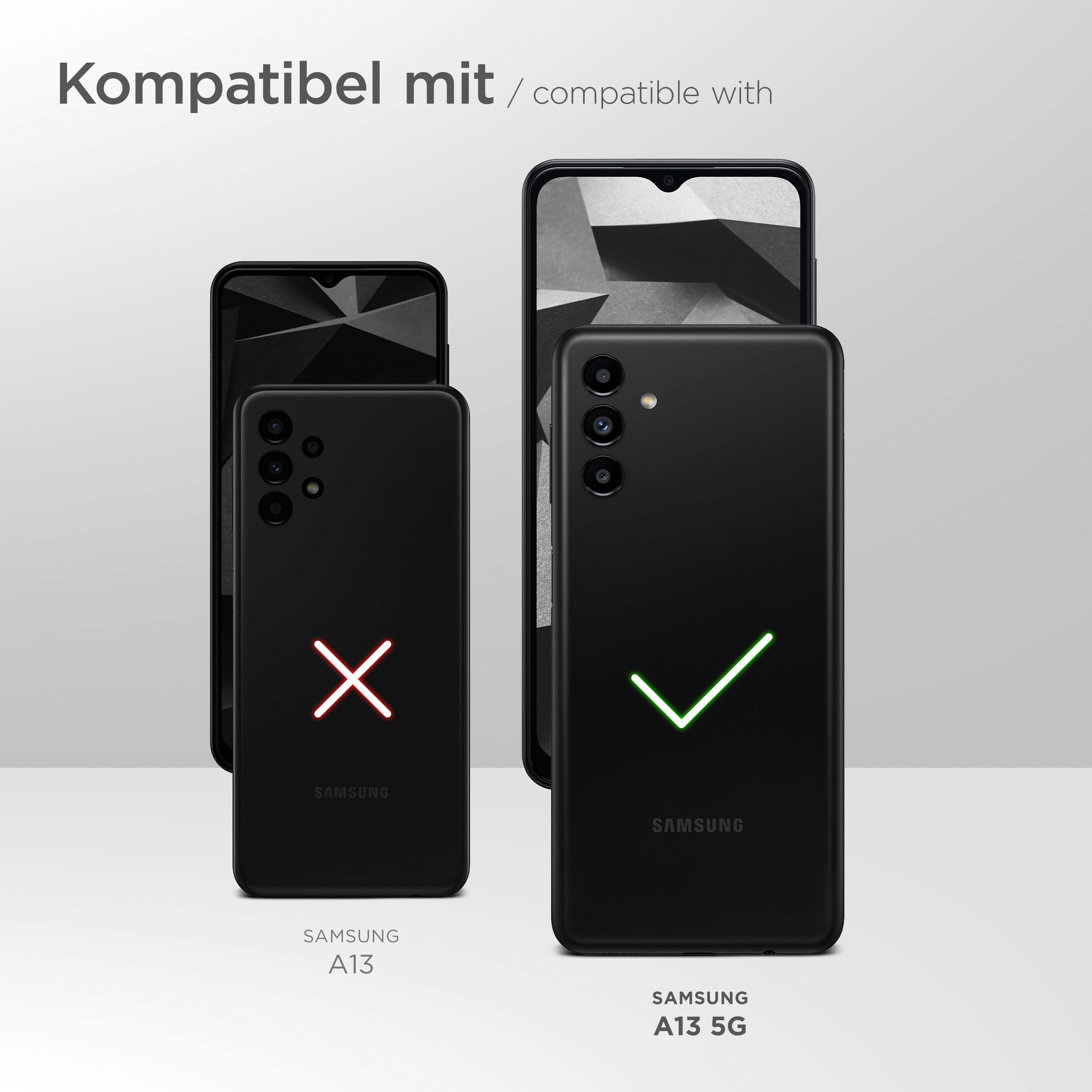Drei schwarze Telefone. Zwei sind Samsung A13, eins A13 5G.
