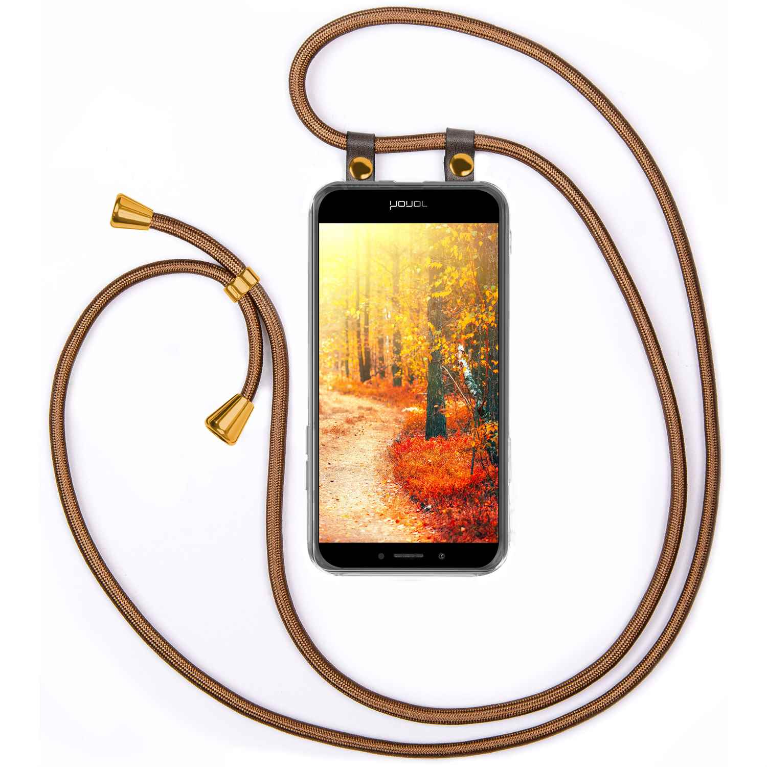 Telefon mit braunem Gurt. Bildschirm zeigt Waldszene. Herbstfarben, Pfad.