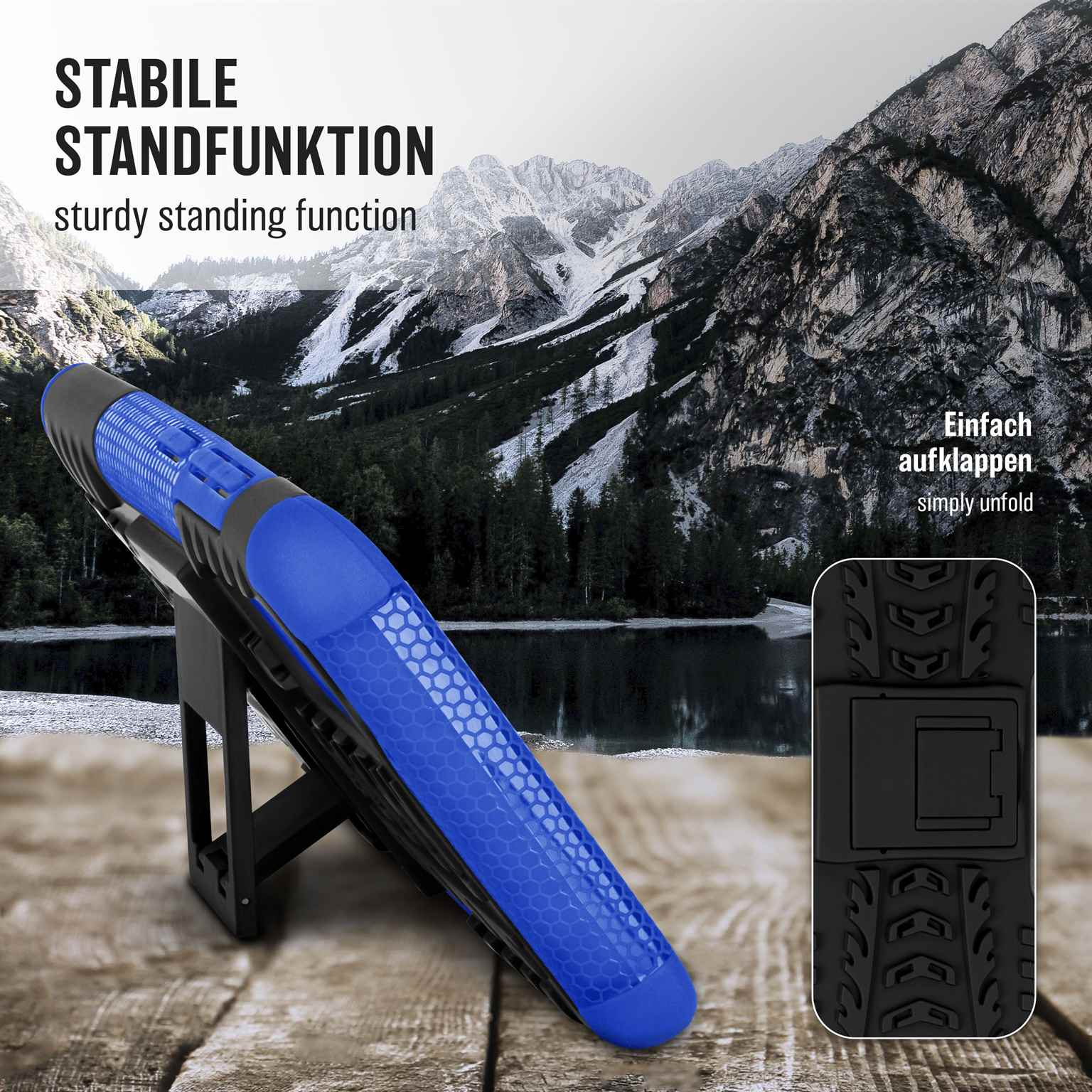 Handyhülle mit stabiler Standfunktion, blauem Rücken und schwarzem Ständer.