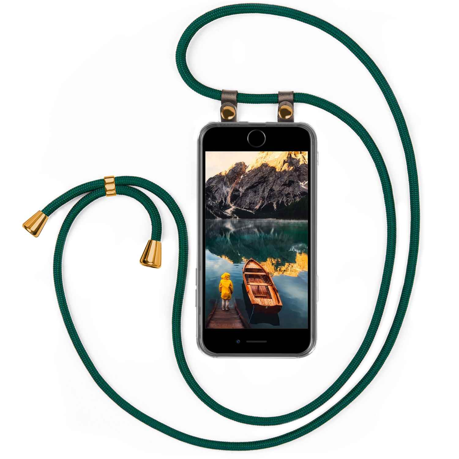 Telefon mit See-Bild, grünes Kabel, weißer Hintergrund. Boot auf dem See, Bergblick.
