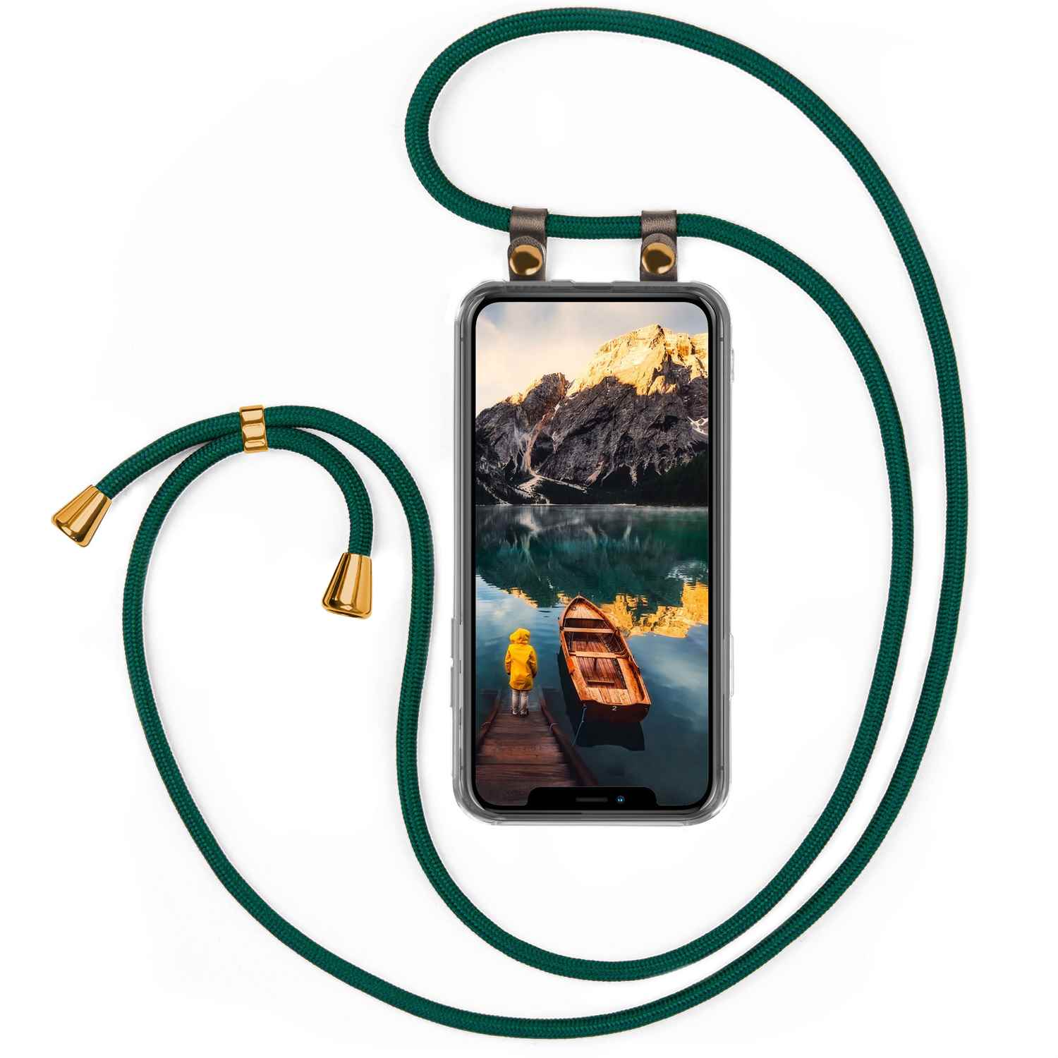 Ein Telefon in einer Hülle mit Seeblick, mit einem grünen Kabel befestigt.